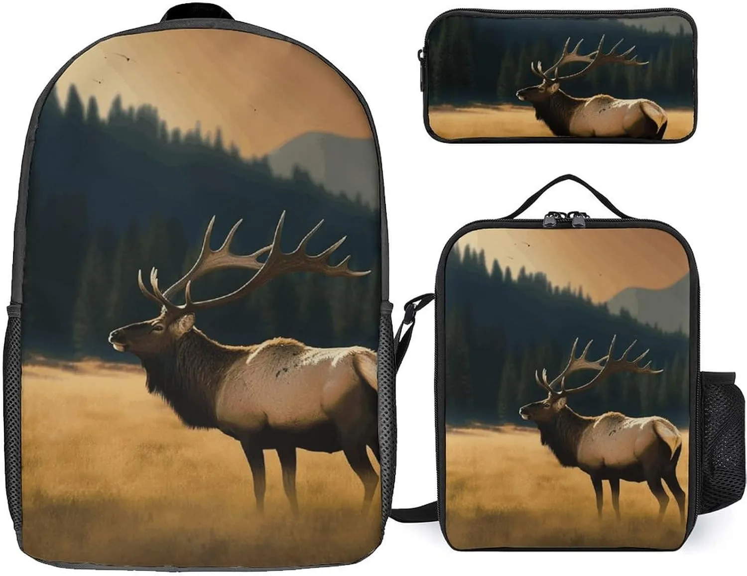 3 Piece Backpack for Women Men Lightweight Causal Daypack Shoulder Bag Set with Insulated Lunch Bag And Pencil Case Organizers Elk in The Meadow