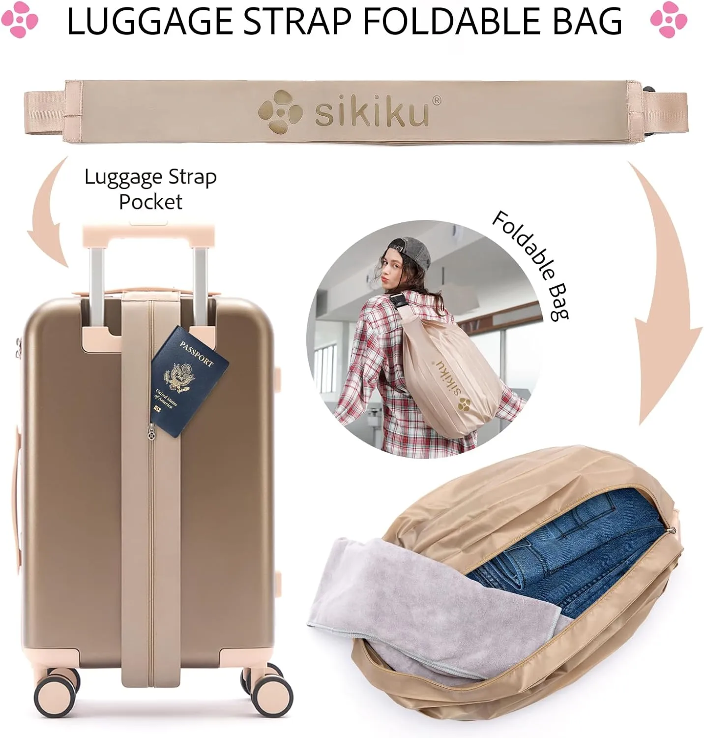 4-Piece Lightweight Luggage Sets for Women, Hardshell Spinner Suitcase with TSA Lock, Expandable Duffel Bag, Luggage Strap, and Leather TagTitanium Gold, 20inch)