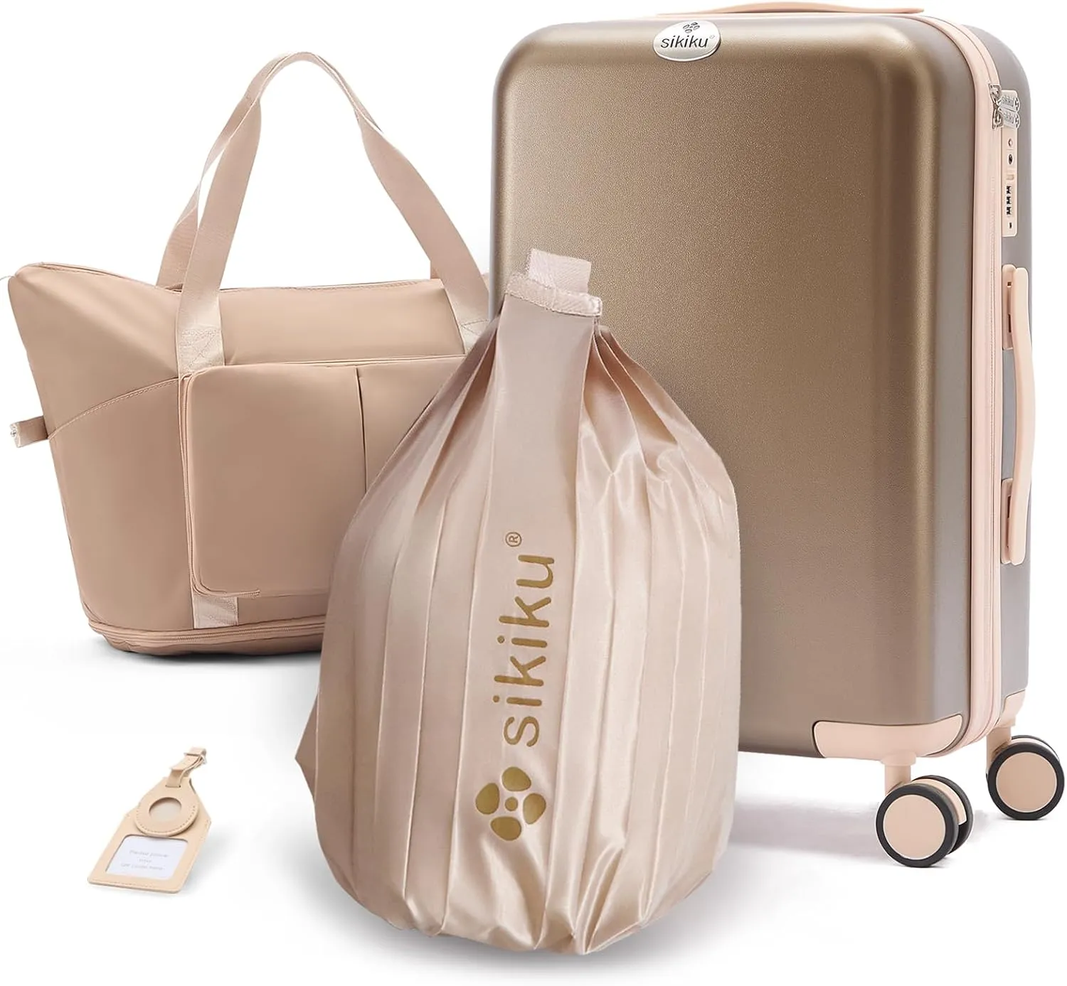 4-Piece Lightweight Luggage Sets for Women, Hardshell Spinner Suitcase with TSA Lock, Expandable Duffel Bag, Luggage Strap, and Leather TagTitanium Gold, 20inch)