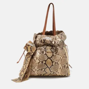 Beige/Brown Python and Leather Bow Drawstring Tote