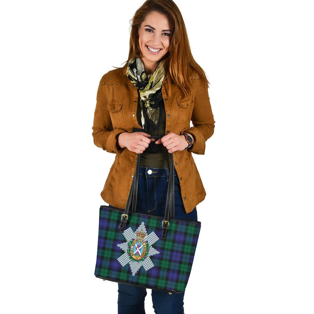Black Watch Modern Tartan Leather Tote Bag with Family Crest