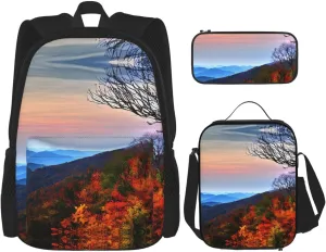 Blue Ridge Mountains Print 3pcs Casual Backpack With Lunch Box Unisex Adjustable Backpack,Travel Laptop Backpack