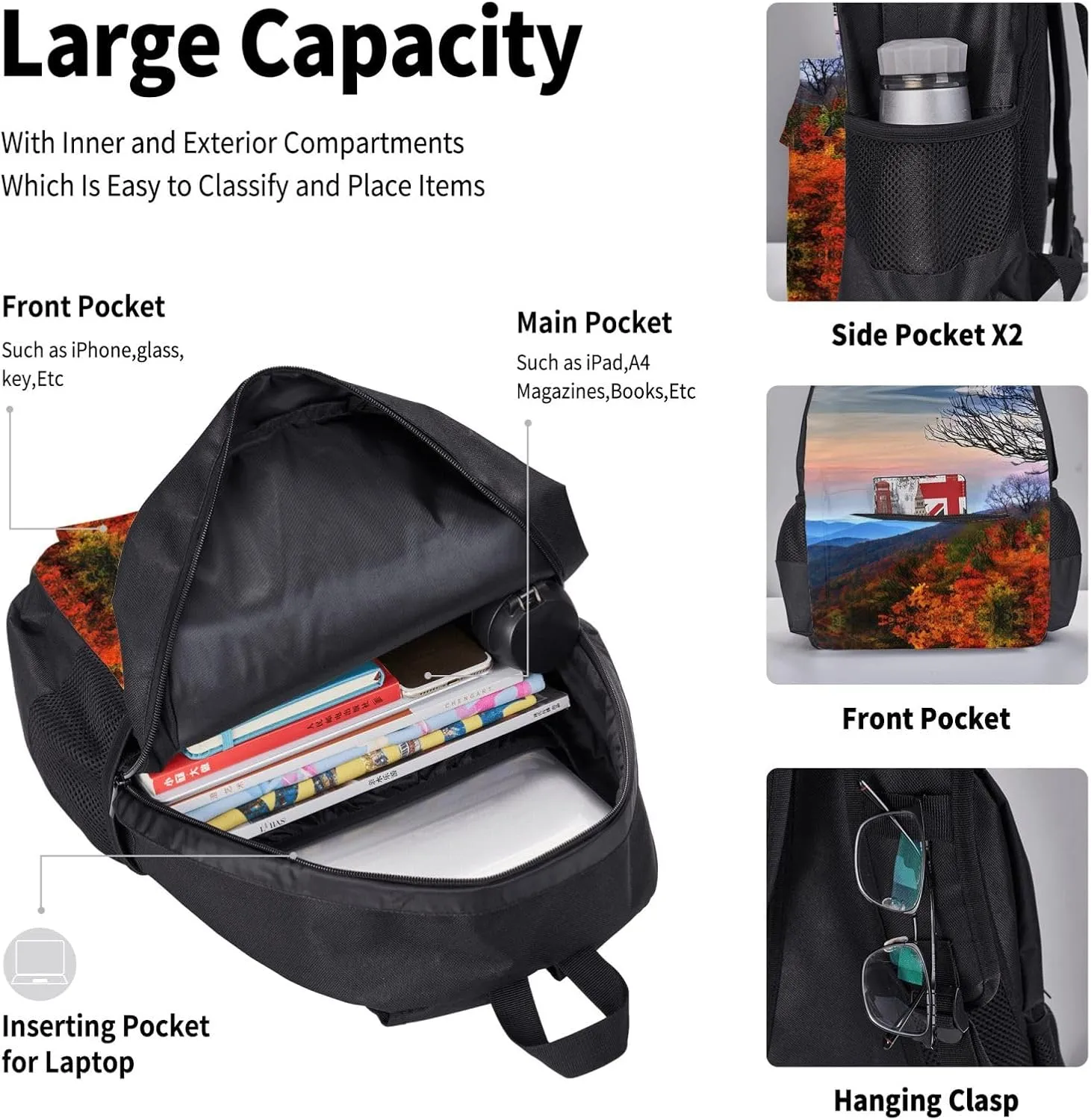 Blue Ridge Mountains Print 3pcs Casual Backpack With Lunch Box Unisex Adjustable Backpack,Travel Laptop Backpack