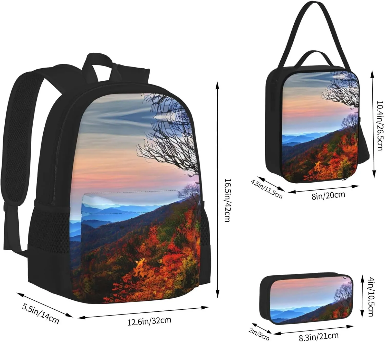 Blue Ridge Mountains Print 3pcs Casual Backpack With Lunch Box Unisex Adjustable Backpack,Travel Laptop Backpack