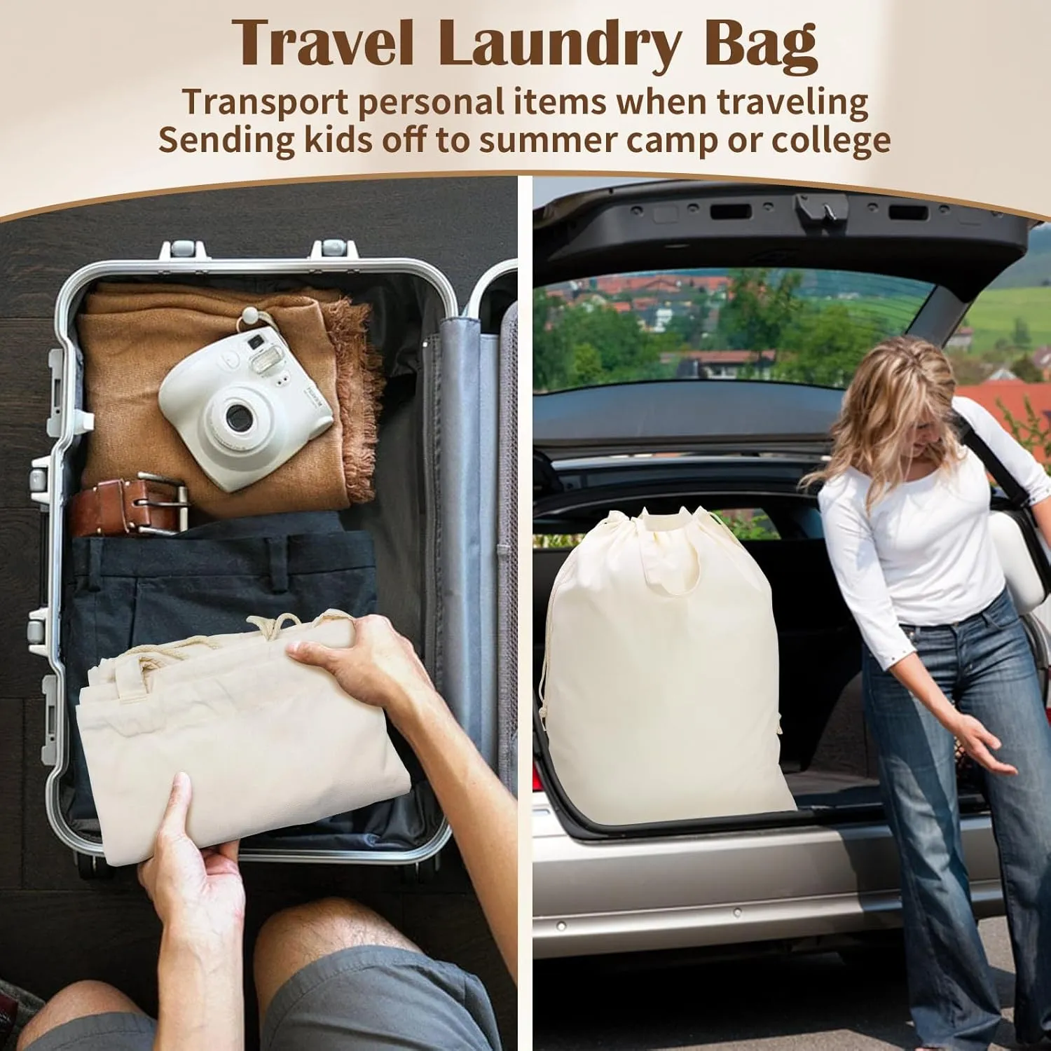 Canvas Laundry Bag with Handles & Drawstring Closure, Thick Cotton Laundry Bag Heavy Duty Washable Dirty Clothes Travel Sack for Camp, College Dorm, Laundromat (L, 2 Pack)