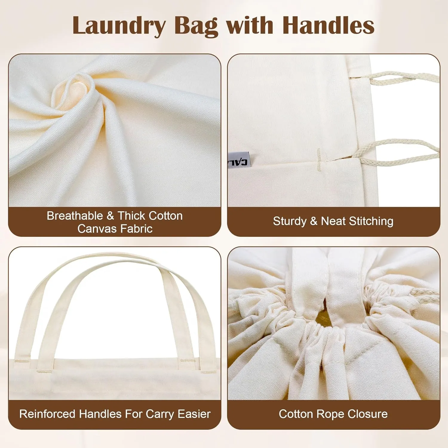 Canvas Laundry Bag with Handles & Drawstring Closure, Thick Cotton Laundry Bag Heavy Duty Washable Dirty Clothes Travel Sack for Camp, College Dorm, Laundromat (L, 2 Pack)