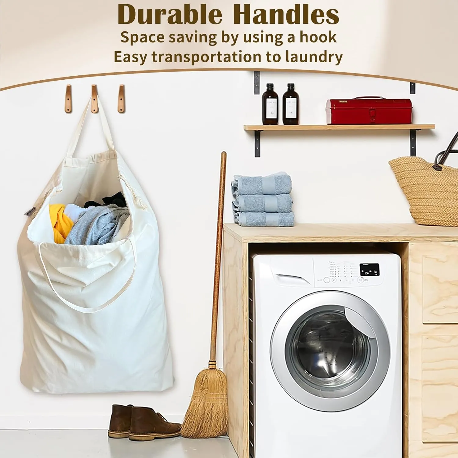 Canvas Laundry Bag with Handles & Drawstring Closure, Thick Cotton Laundry Bag Heavy Duty Washable Dirty Clothes Travel Sack for Camp, College Dorm, Laundromat (L, 2 Pack)