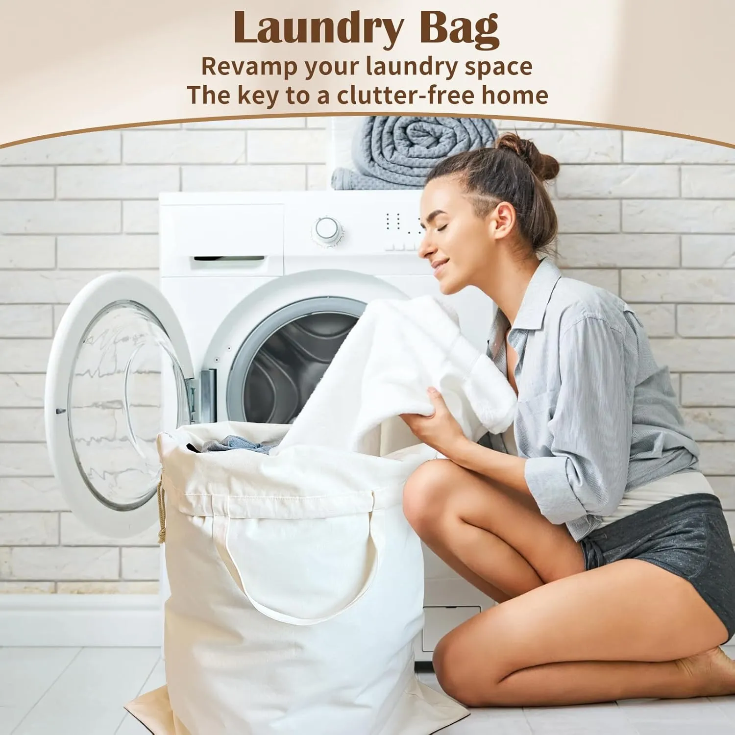 Canvas Laundry Bag with Handles & Drawstring Closure, Thick Cotton Laundry Bag Heavy Duty Washable Dirty Clothes Travel Sack for Camp, College Dorm, Laundromat (L, 2 Pack)