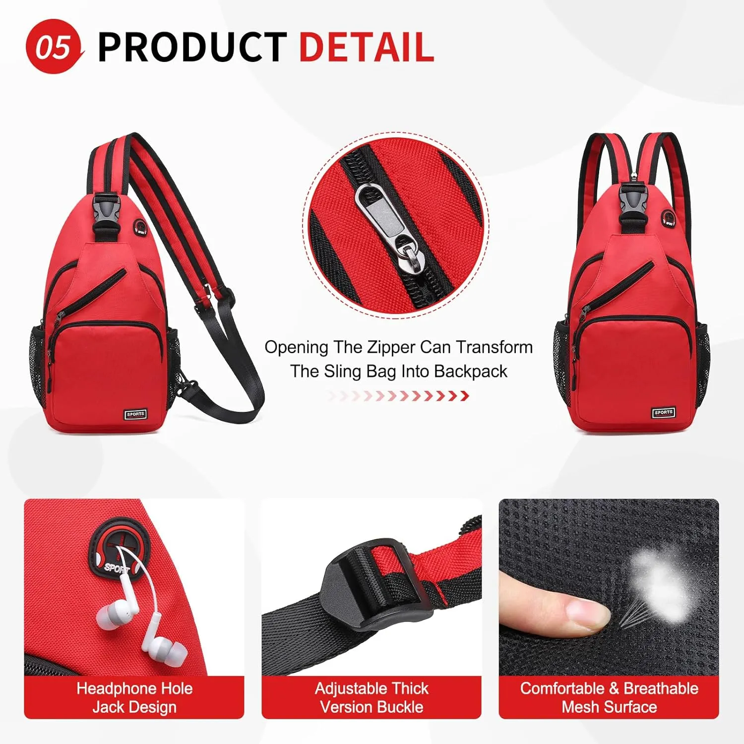 Convertible Sling Bag Crossbody Backpack, 12.9-Inch Pads Bags with Headphone Jack Shoulder Bag Casual Pack for Women Men Hiking Travel Cycling (Red)