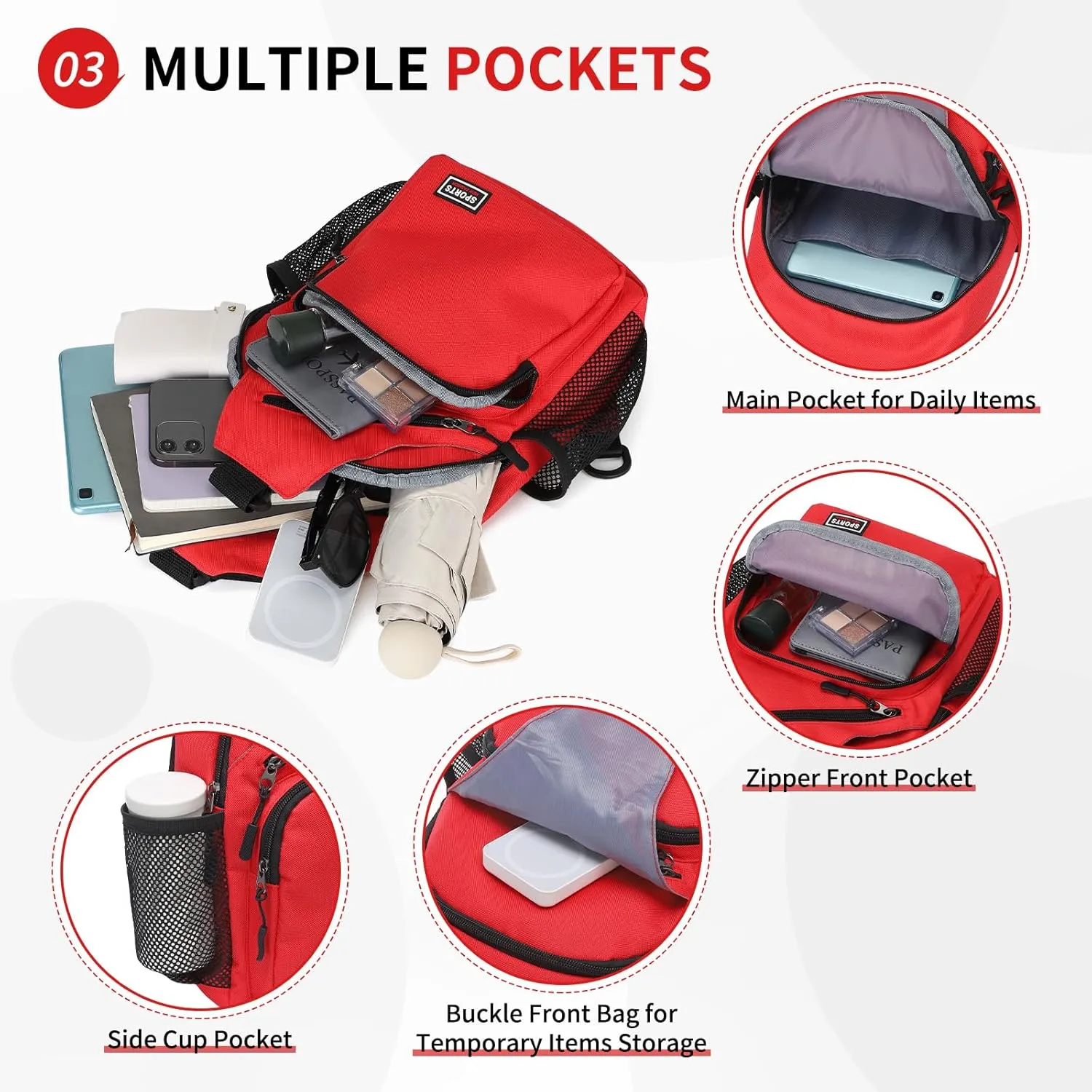 Convertible Sling Bag Crossbody Backpack, 12.9-Inch Pads Bags with Headphone Jack Shoulder Bag Casual Pack for Women Men Hiking Travel Cycling (Red)
