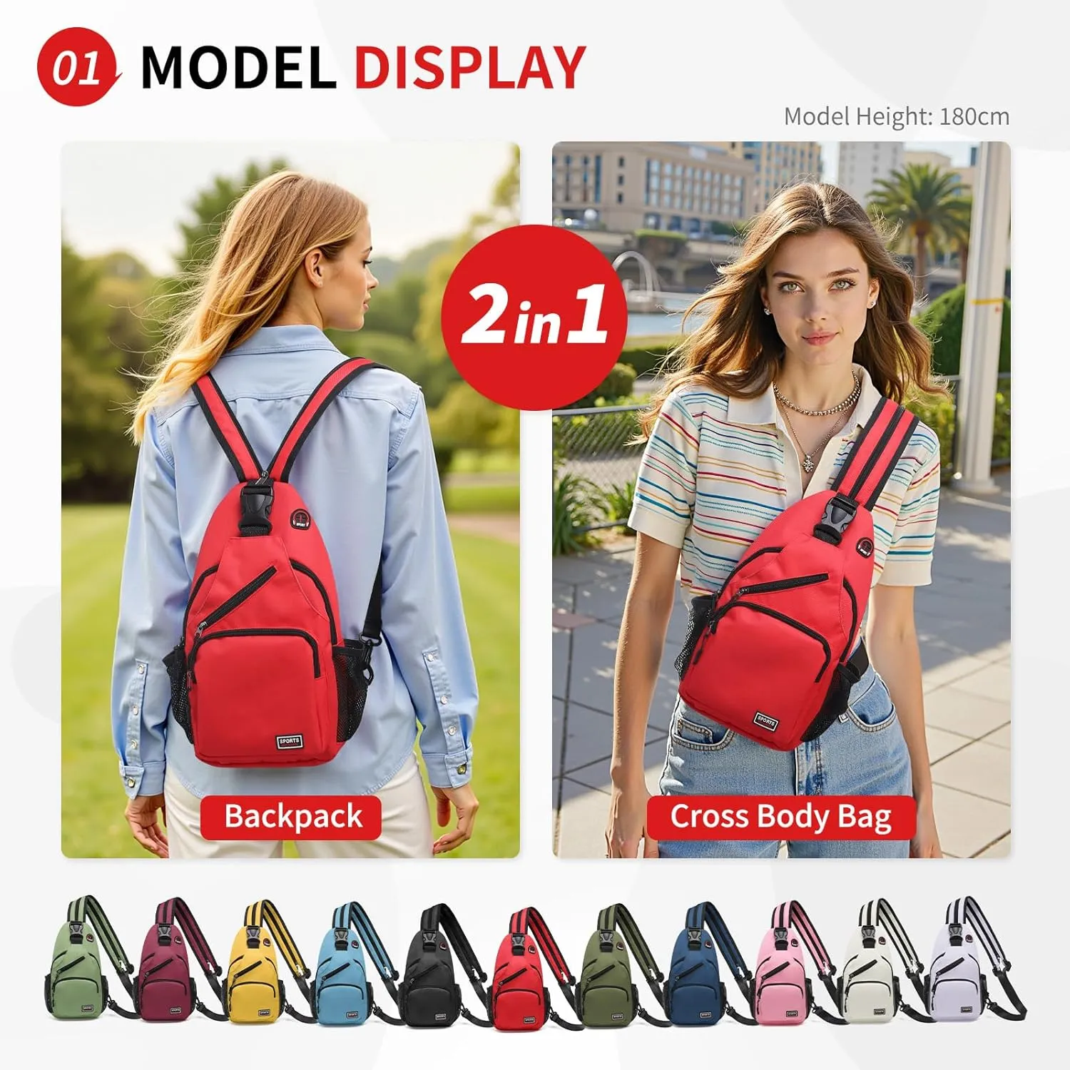 Convertible Sling Bag Crossbody Backpack, 12.9-Inch Pads Bags with Headphone Jack Shoulder Bag Casual Pack for Women Men Hiking Travel Cycling (Red)