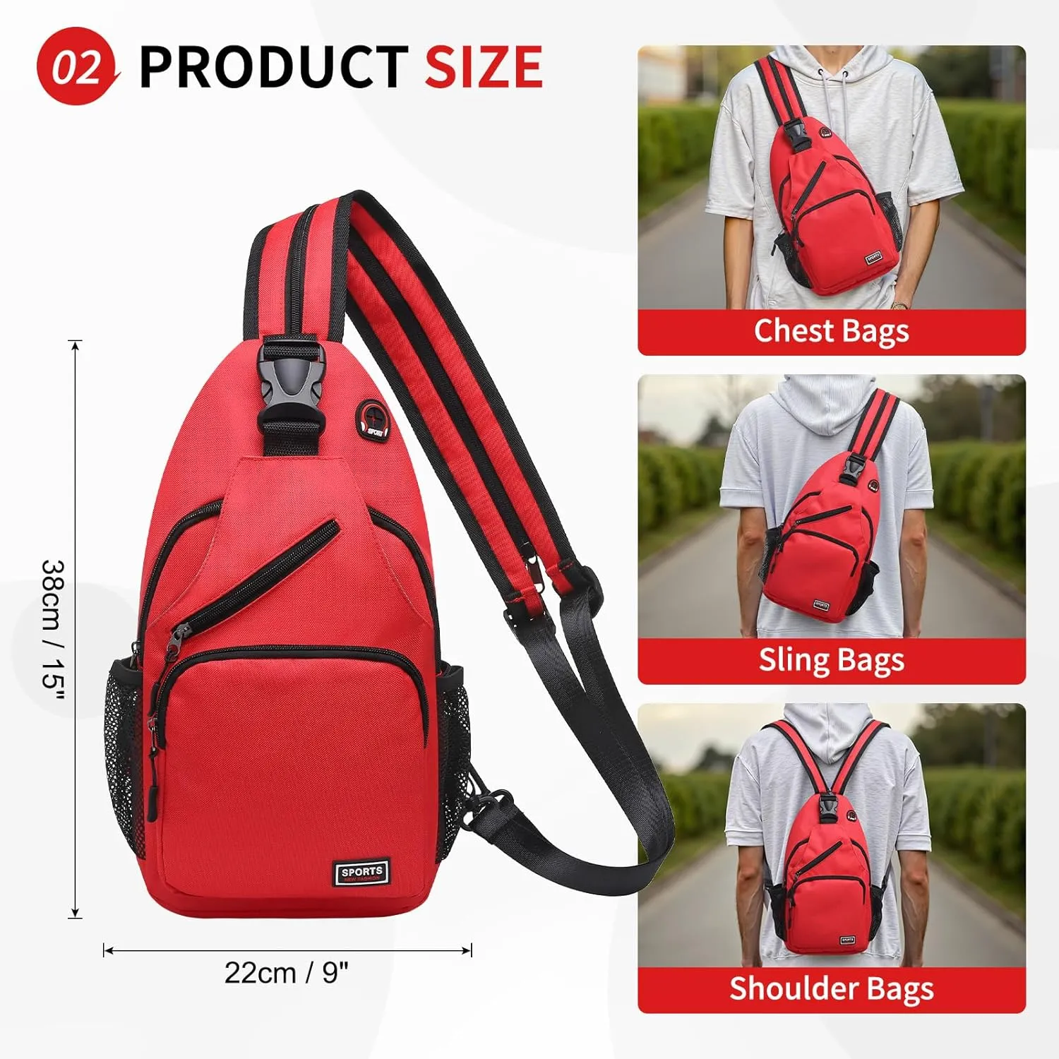 Convertible Sling Bag Crossbody Backpack, 12.9-Inch Pads Bags with Headphone Jack Shoulder Bag Casual Pack for Women Men Hiking Travel Cycling (Red)