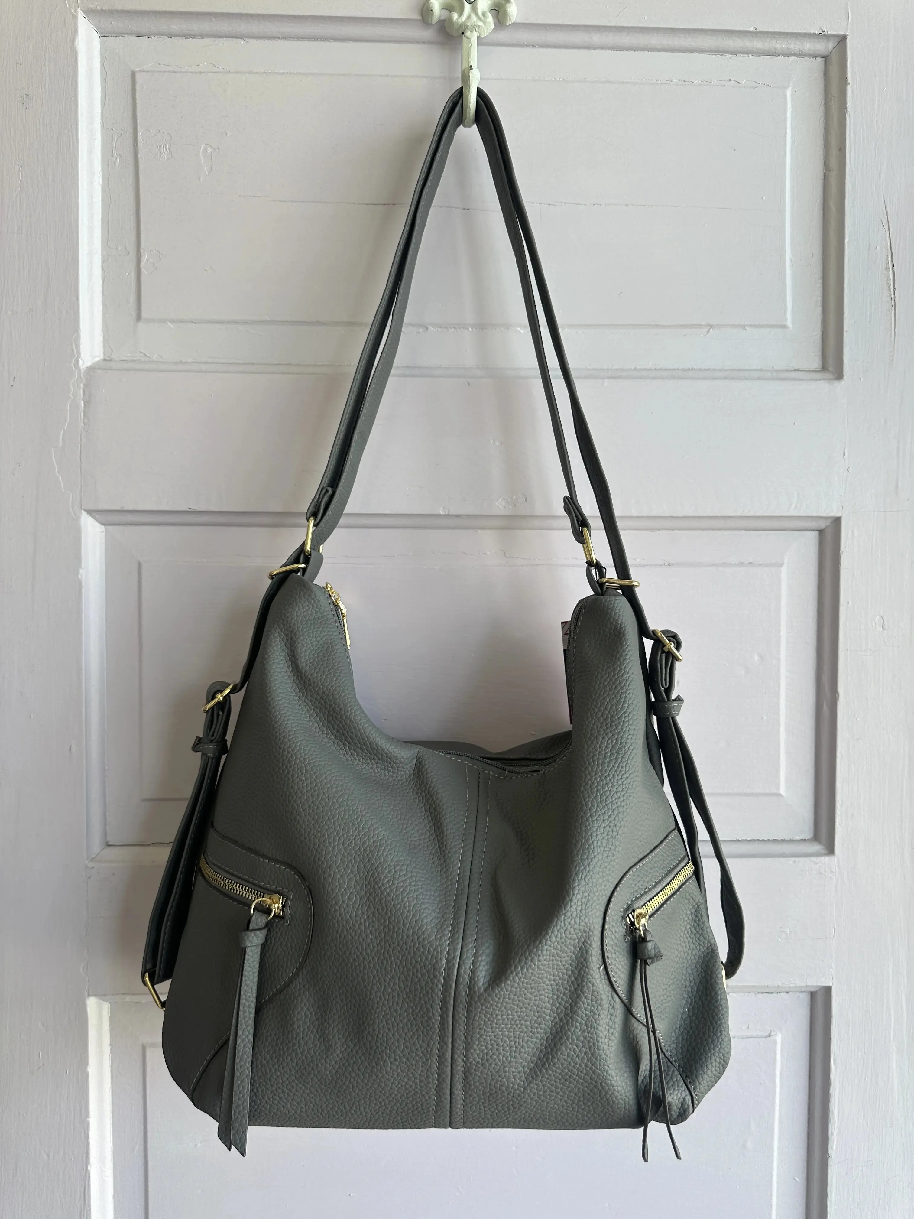 Convertible Slouchy Vegan Leather Hobo to Backpack, Gray
