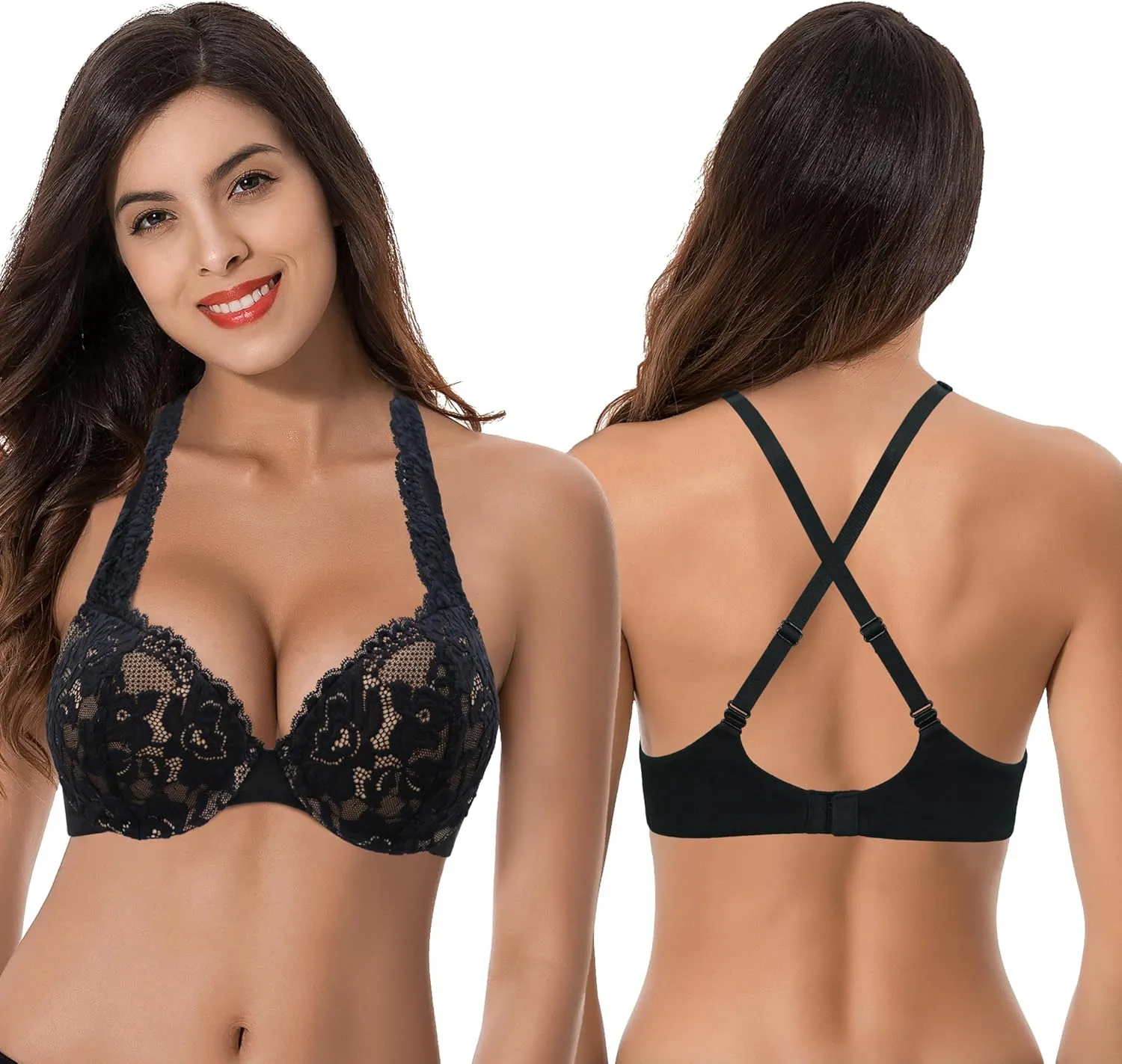 Curve Muse Women's Plus Size Add 1 and a Half Cup Push Up Convertible Lace Bras