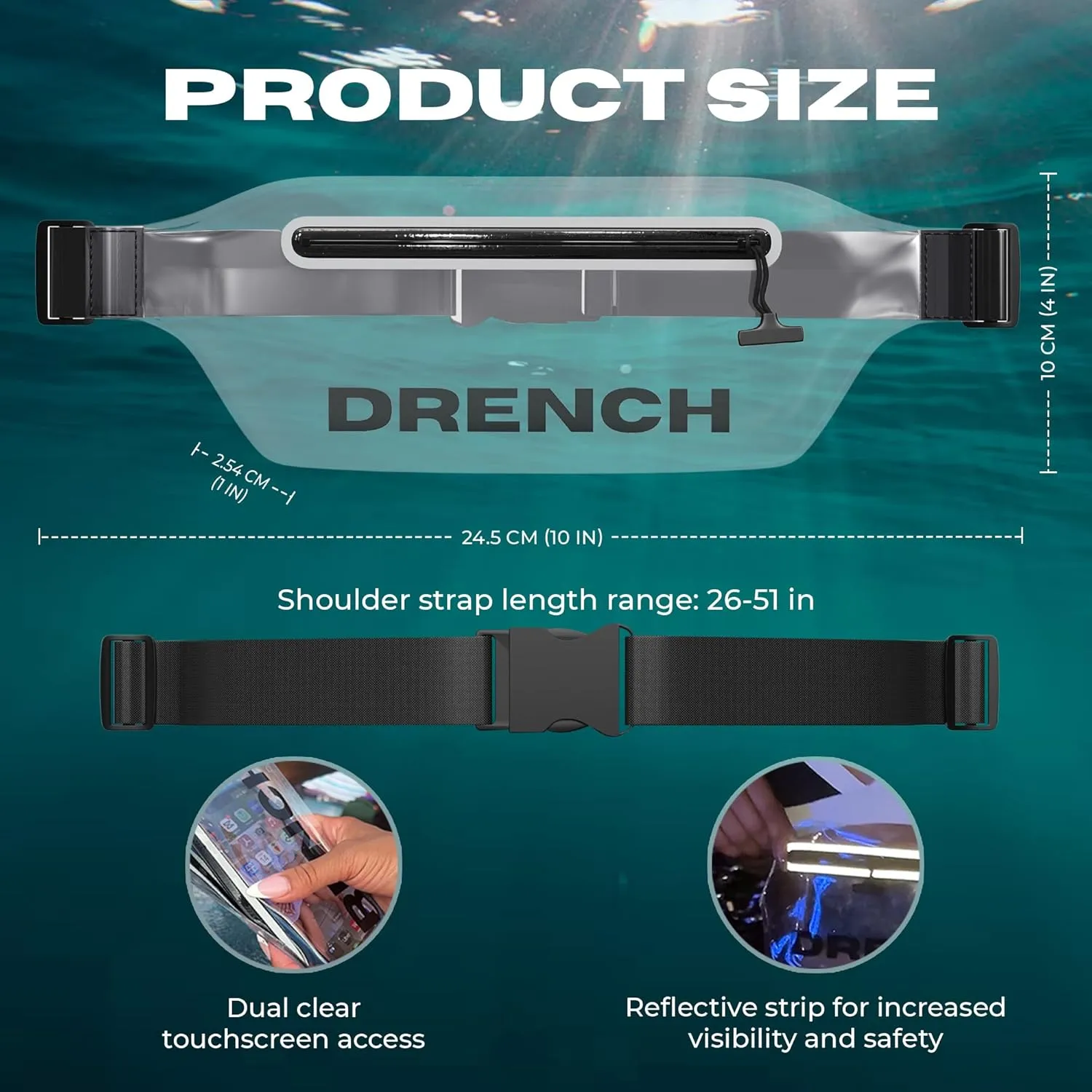 DRENCH 100% Waterproof Bag, Touchscreen Fanny pack, Transparent Cell Phone Case for Beach Essentials, IPX8 Underwater Pouches with Convertible Straps for Swimming and More, Fits iPhone Pro Max 15 SUP