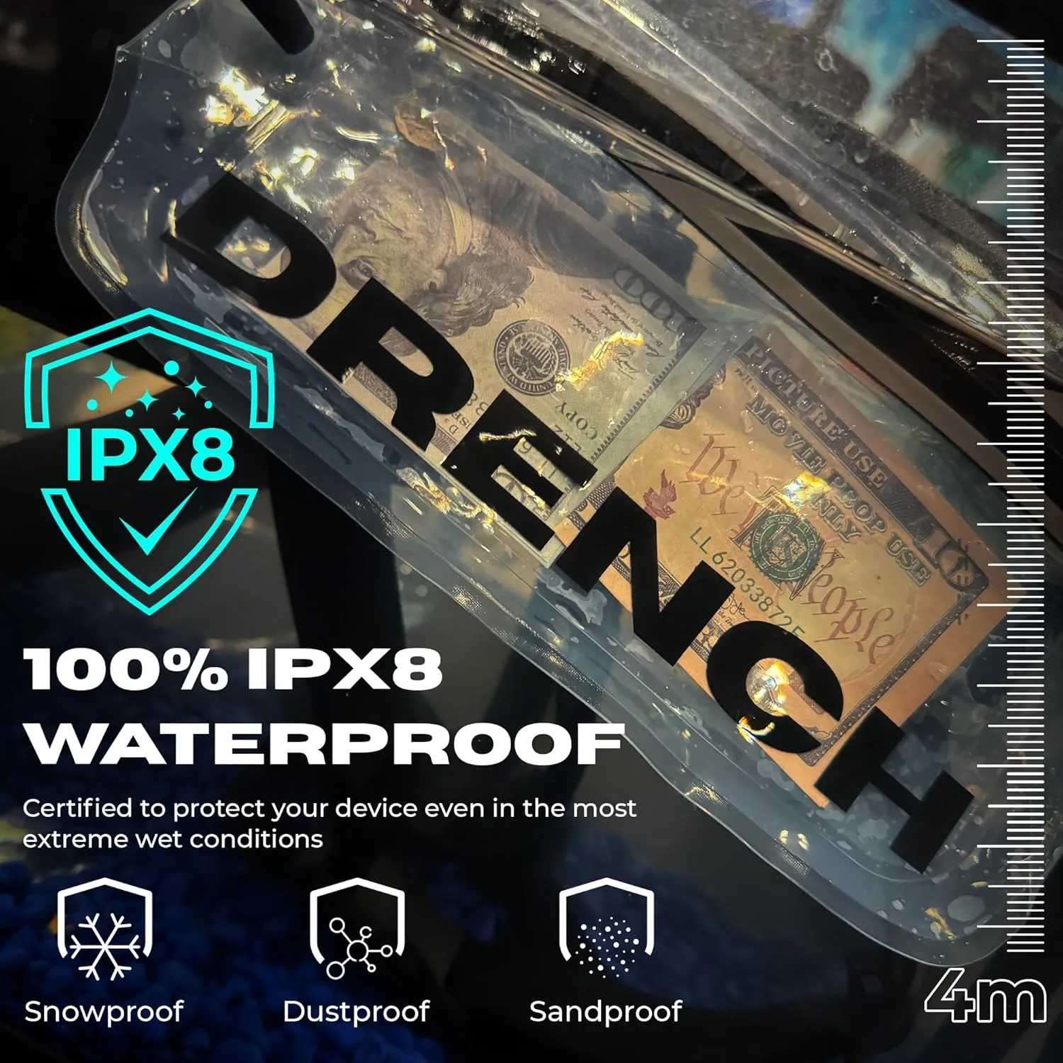 DRENCH 100% Waterproof Bag, Touchscreen Fanny pack, Transparent Cell Phone Case for Beach Essentials, IPX8 Underwater Pouches with Convertible Straps for Swimming and More, Fits iPhone Pro Max 15 SUP