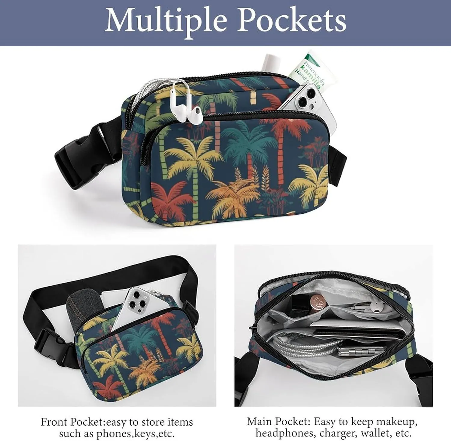 Fanny Pack for Women Men Colorful Coconut Tree Belt Bag Banana Palm Waist Pack Bum Bag for Running Cycling Hiking Travel Workout with Adjustable Strap