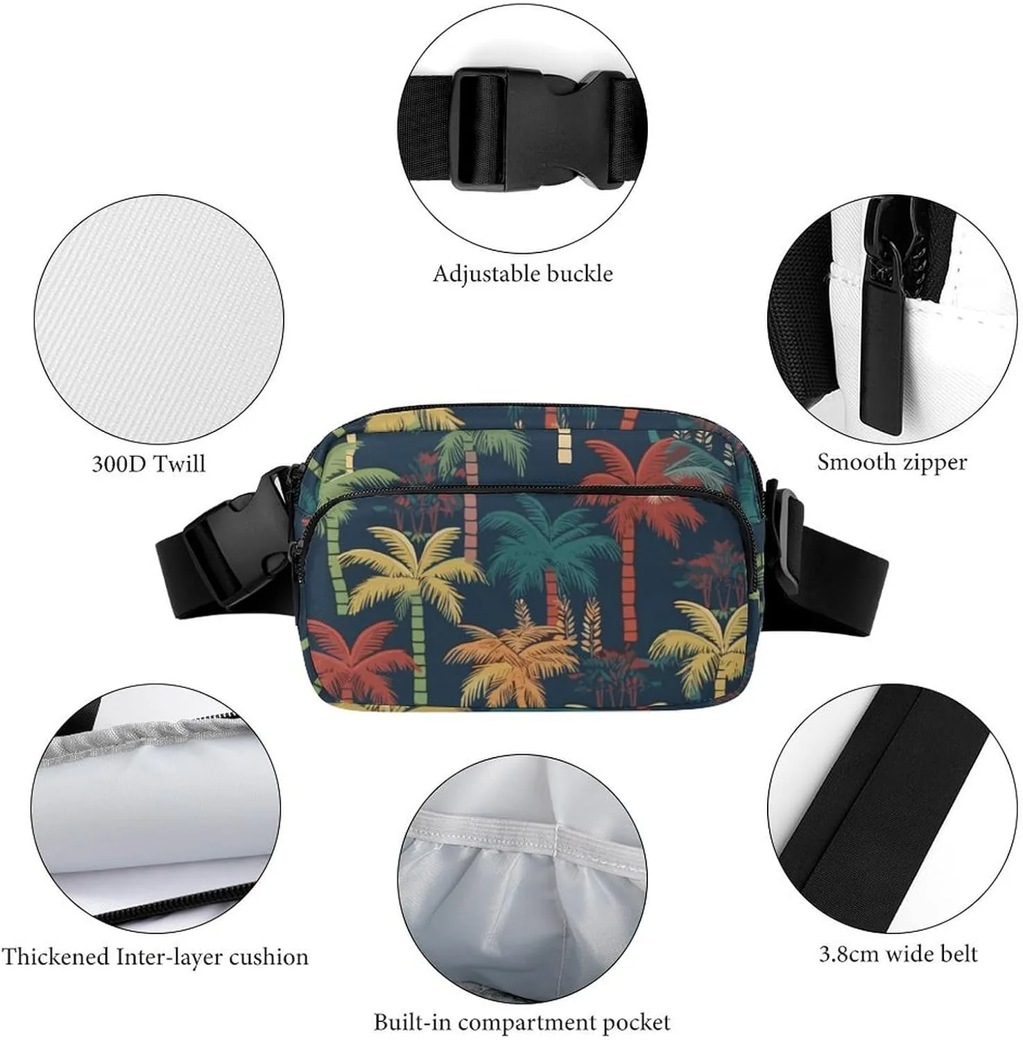 Fanny Pack for Women Men Colorful Coconut Tree Belt Bag Banana Palm Waist Pack Bum Bag for Running Cycling Hiking Travel Workout with Adjustable Strap