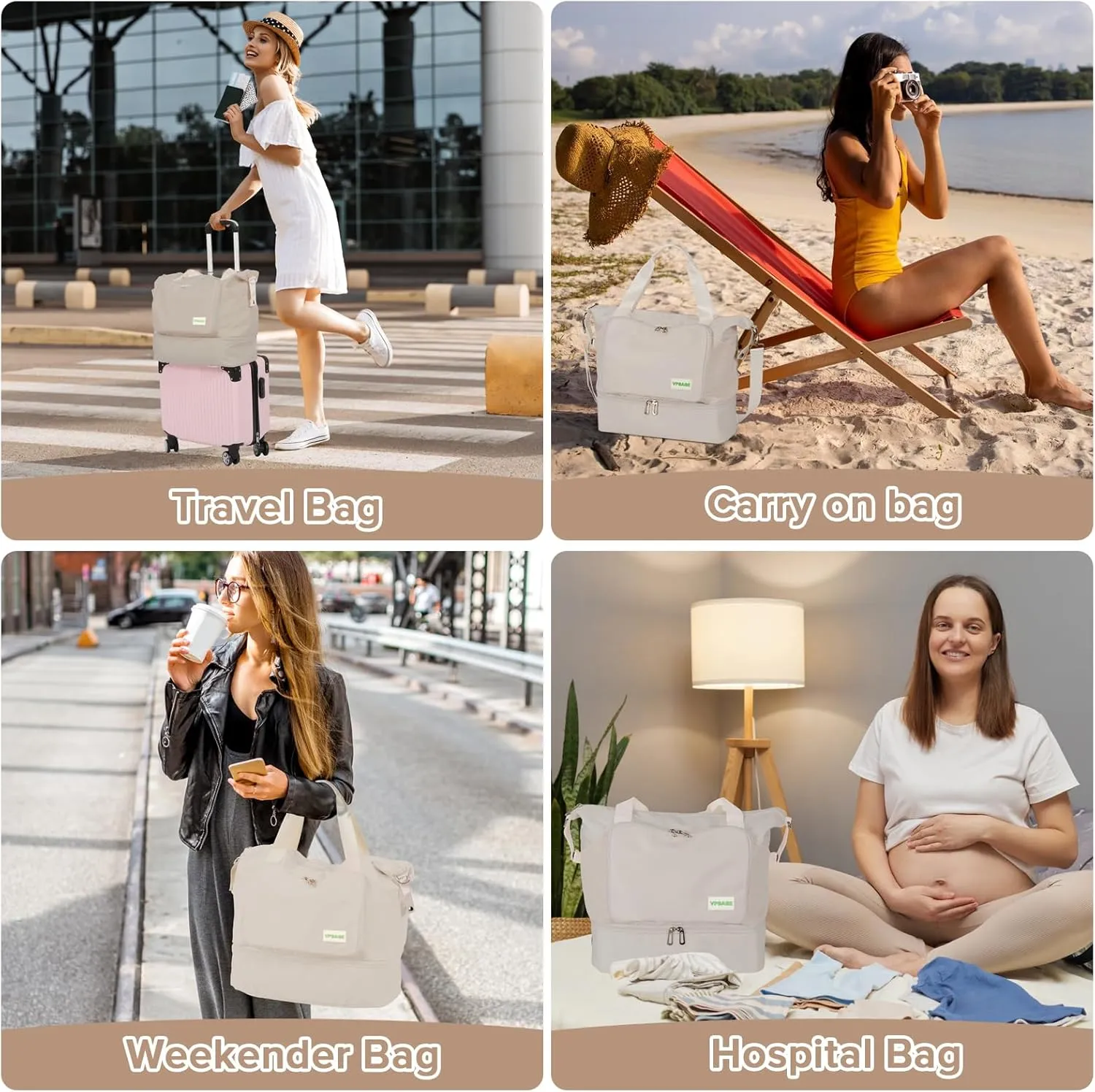 Foldable Travel Duffel Bag for Women, Water Resistant Personal Item/Carry Bag, Overnight Weekender Bag with Wet Compartment