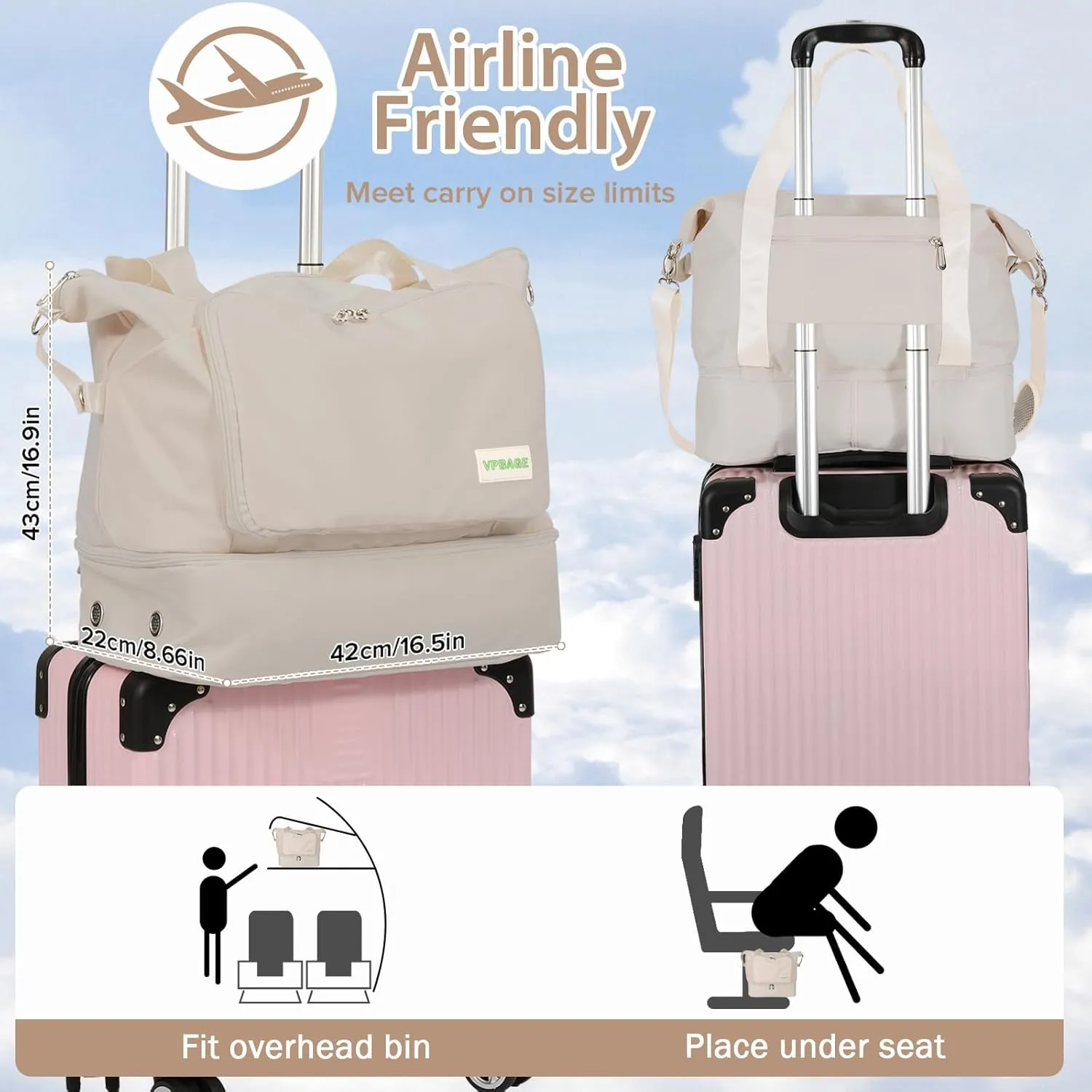 Foldable Travel Duffel Bag for Women, Water Resistant Personal Item/Carry Bag, Overnight Weekender Bag with Wet Compartment