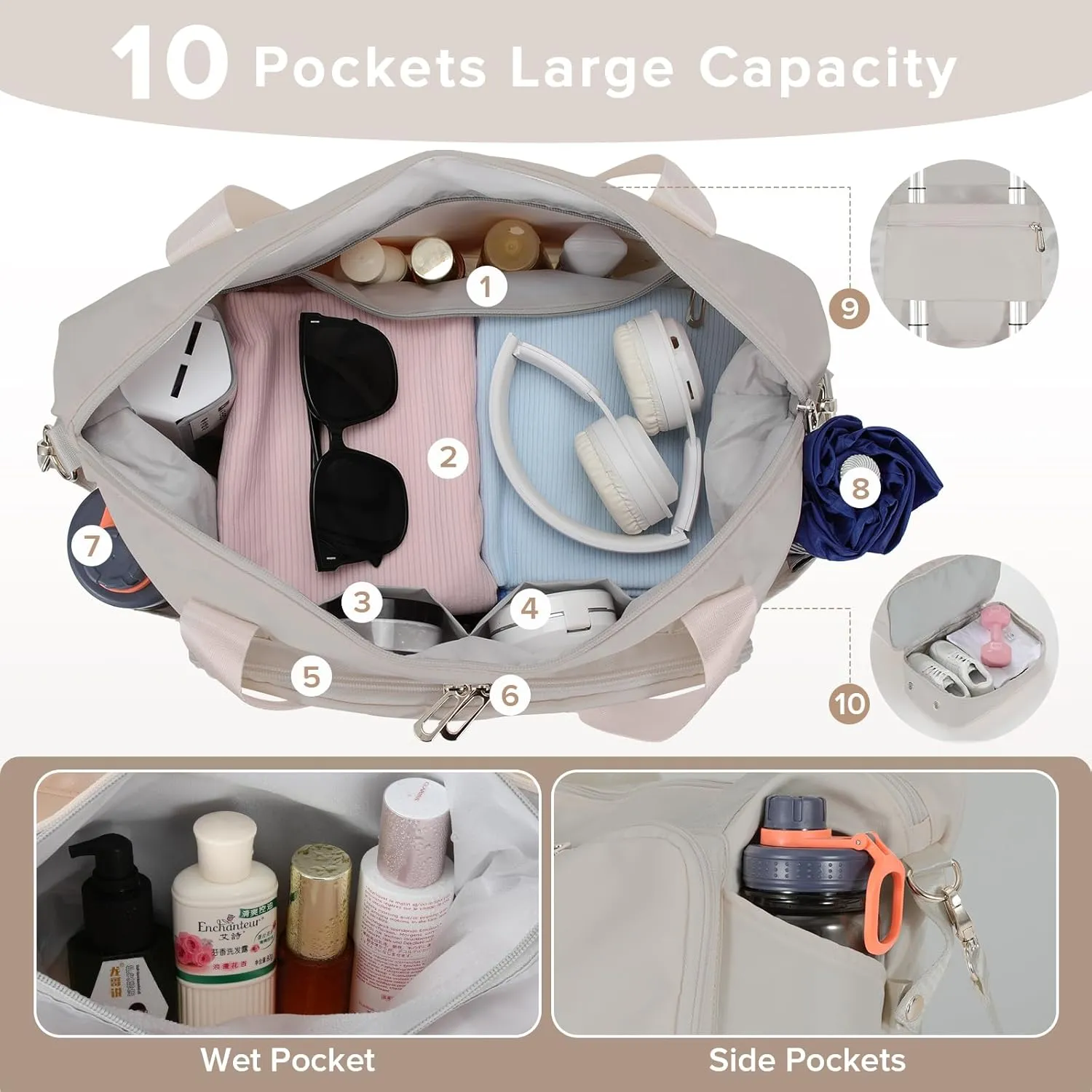 Foldable Travel Duffel Bag for Women, Water Resistant Personal Item/Carry Bag, Overnight Weekender Bag with Wet Compartment