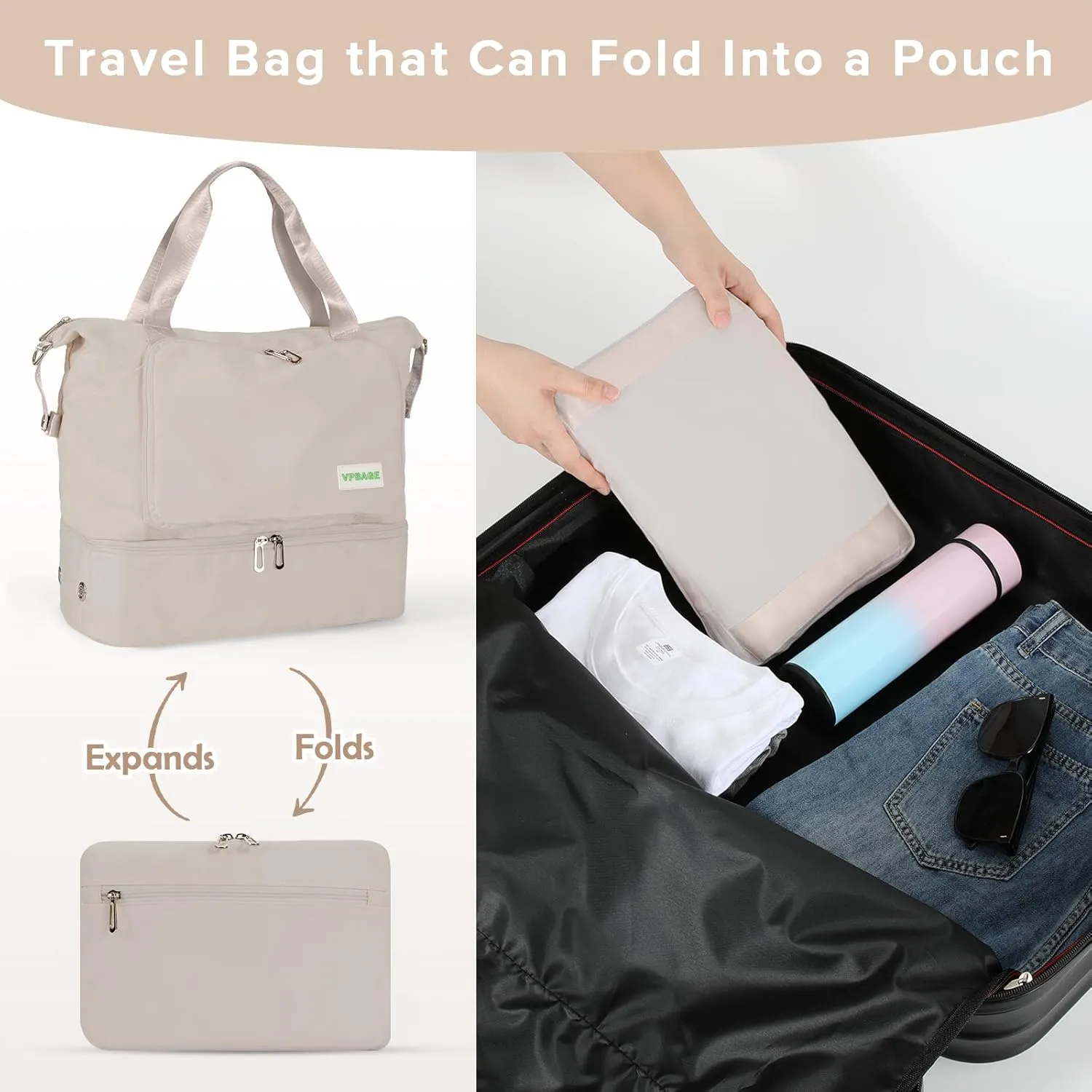 Foldable Travel Duffel Bag for Women, Water Resistant Personal Item/Carry Bag, Overnight Weekender Bag with Wet Compartment