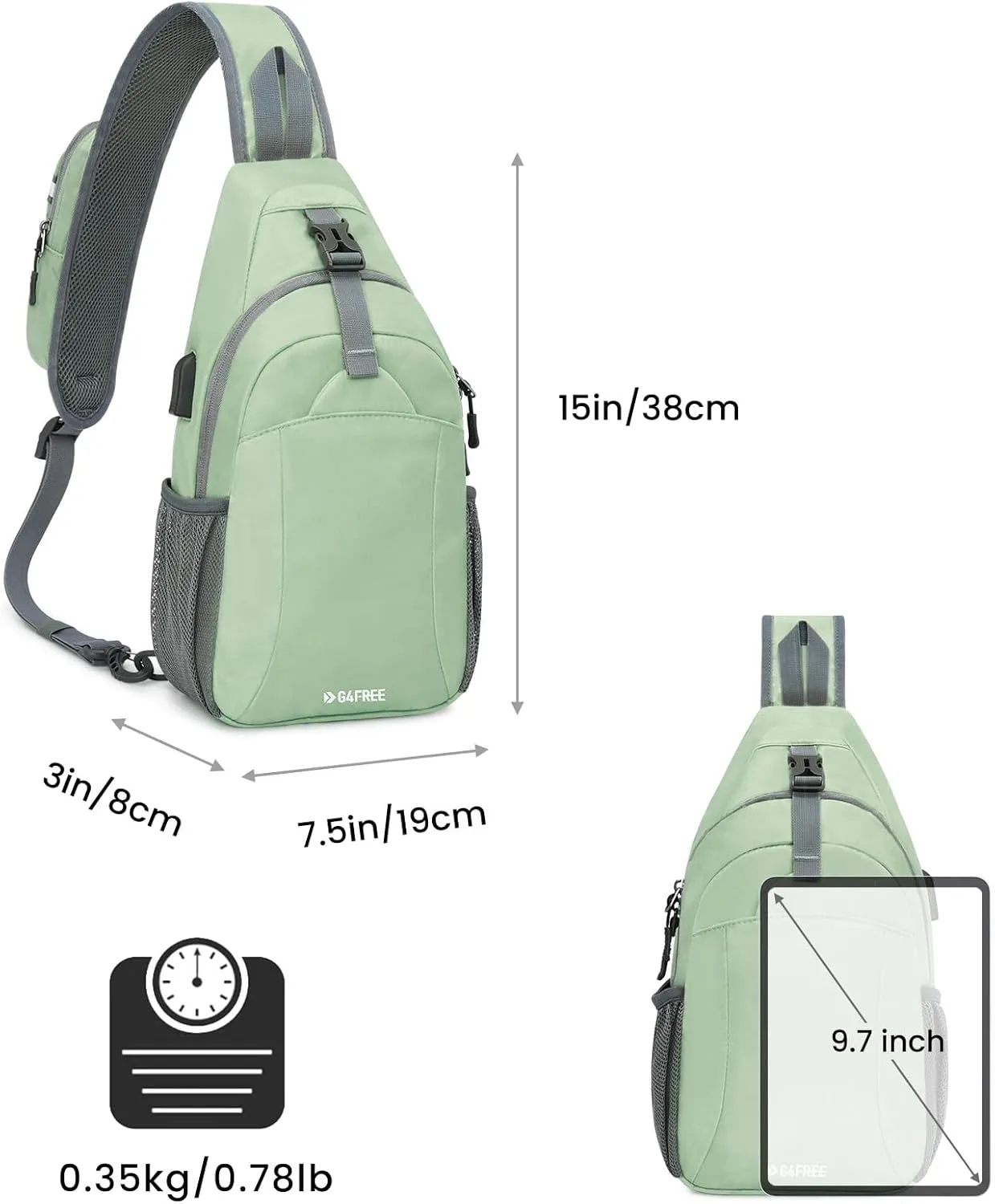 G4Free Sling Bag RFID Crossbody Sling Backpack with USB Charging Port, Travel Hiking Daypack Shoulder Chest Bag for Women Men(Light Green)