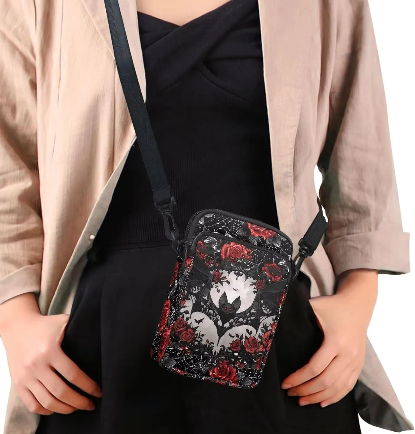 Gothic Small Crossbody Bag for Women Lightweight Cell Phone Purse, Bloody Rose Shoulder Wallet with Zipper Pocket