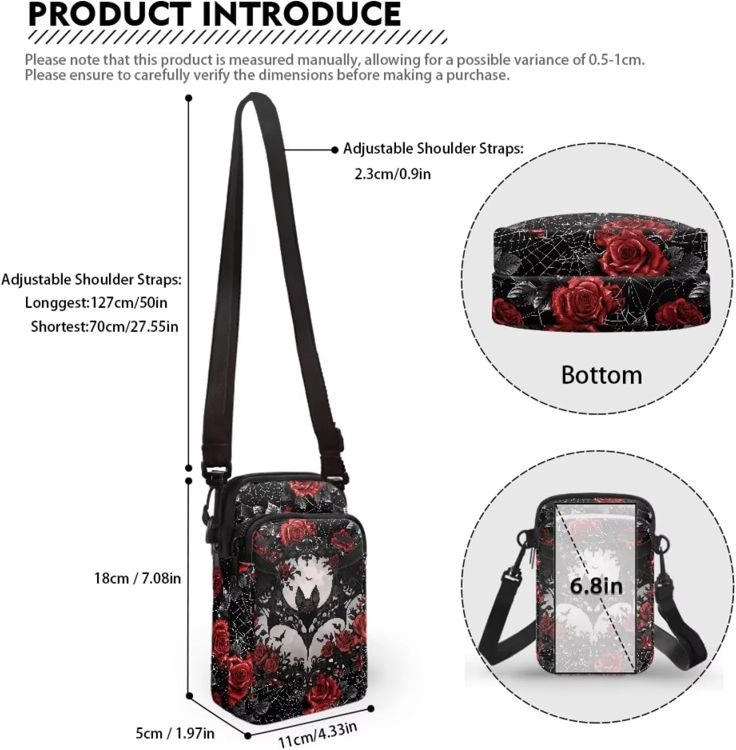 Gothic Small Crossbody Bag for Women Lightweight Cell Phone Purse, Bloody Rose Shoulder Wallet with Zipper Pocket