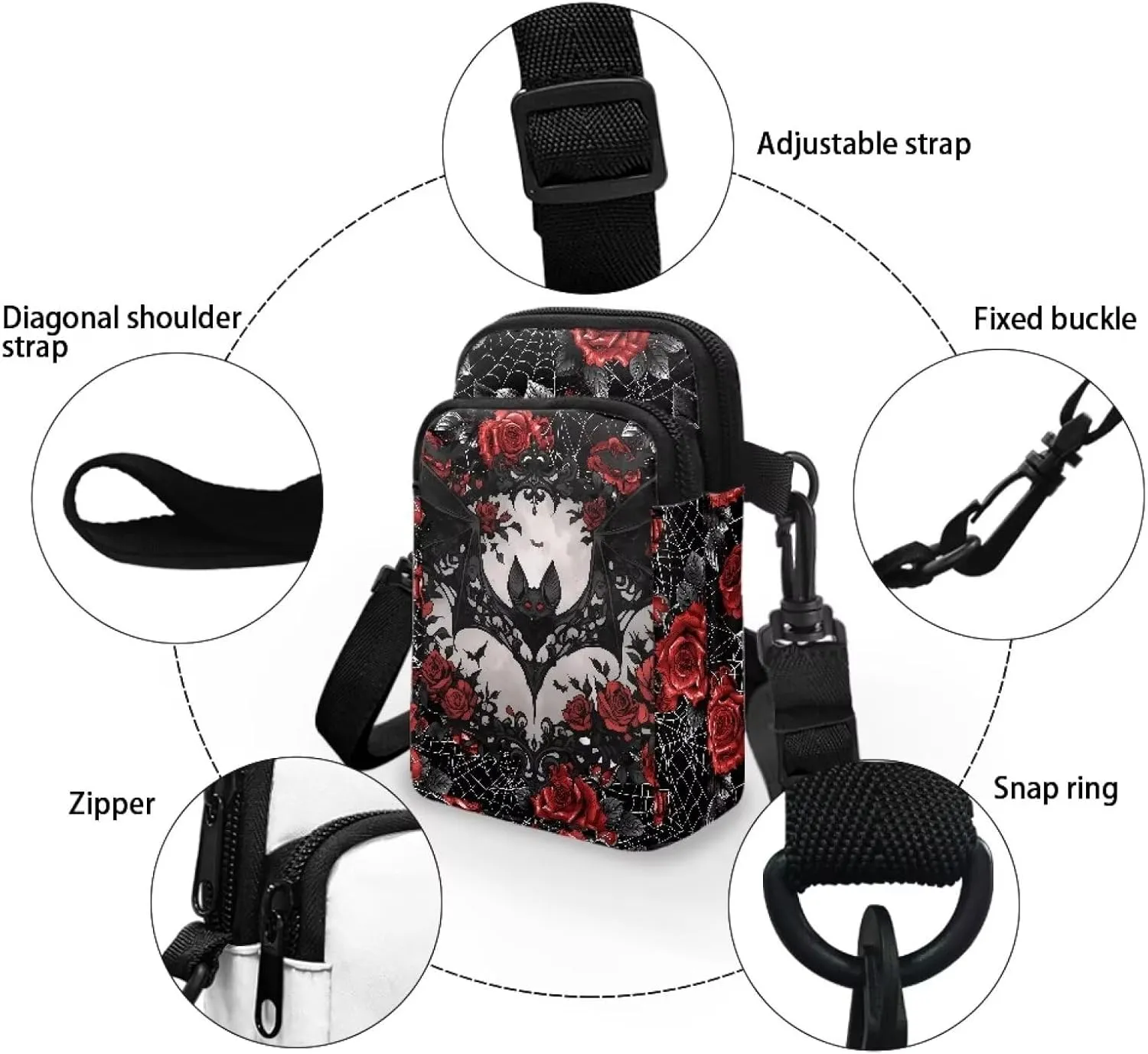 Gothic Small Crossbody Bag for Women Lightweight Cell Phone Purse, Bloody Rose Shoulder Wallet with Zipper Pocket