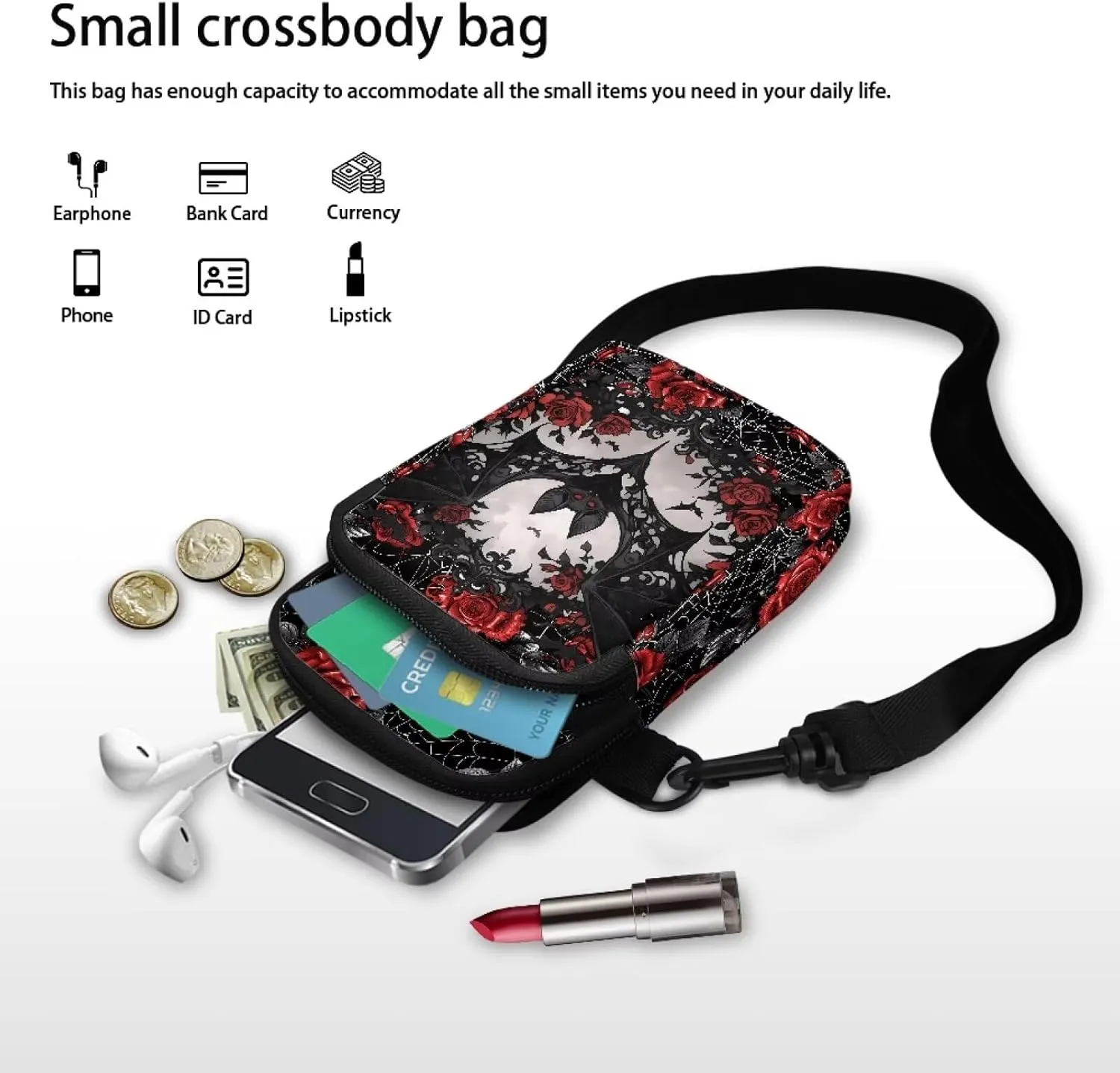 Gothic Small Crossbody Bag for Women Lightweight Cell Phone Purse, Bloody Rose Shoulder Wallet with Zipper Pocket