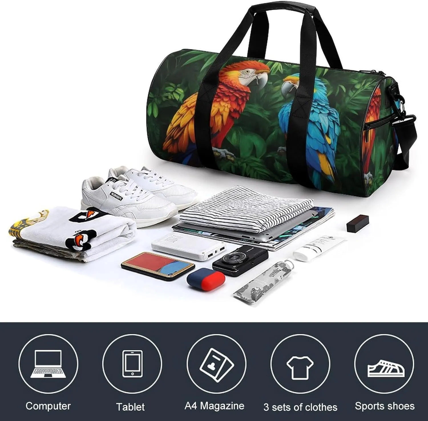Gym Bag for Men Women, Lightweight Overnight Duffel Bags Parrot Green Painting Waterproof Travel Sports Bag