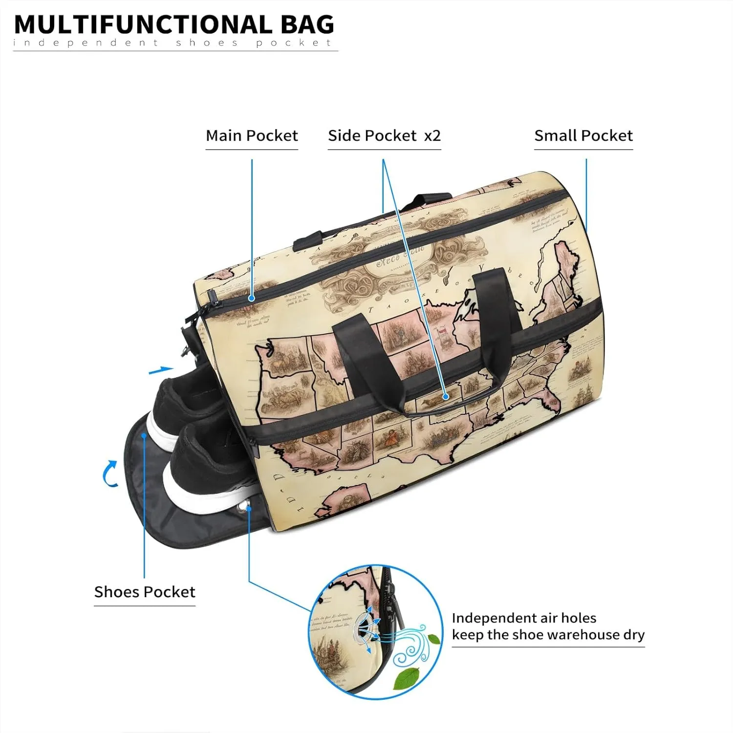 Gym Bag for Women Men, Yoga Bag with Shoe Pocket, Travel Duffel Tote Bag for Plane, Workout, Swimming, Weekend Overnight Bag Carry on Bag Hospital Holdalls, America Map - 32