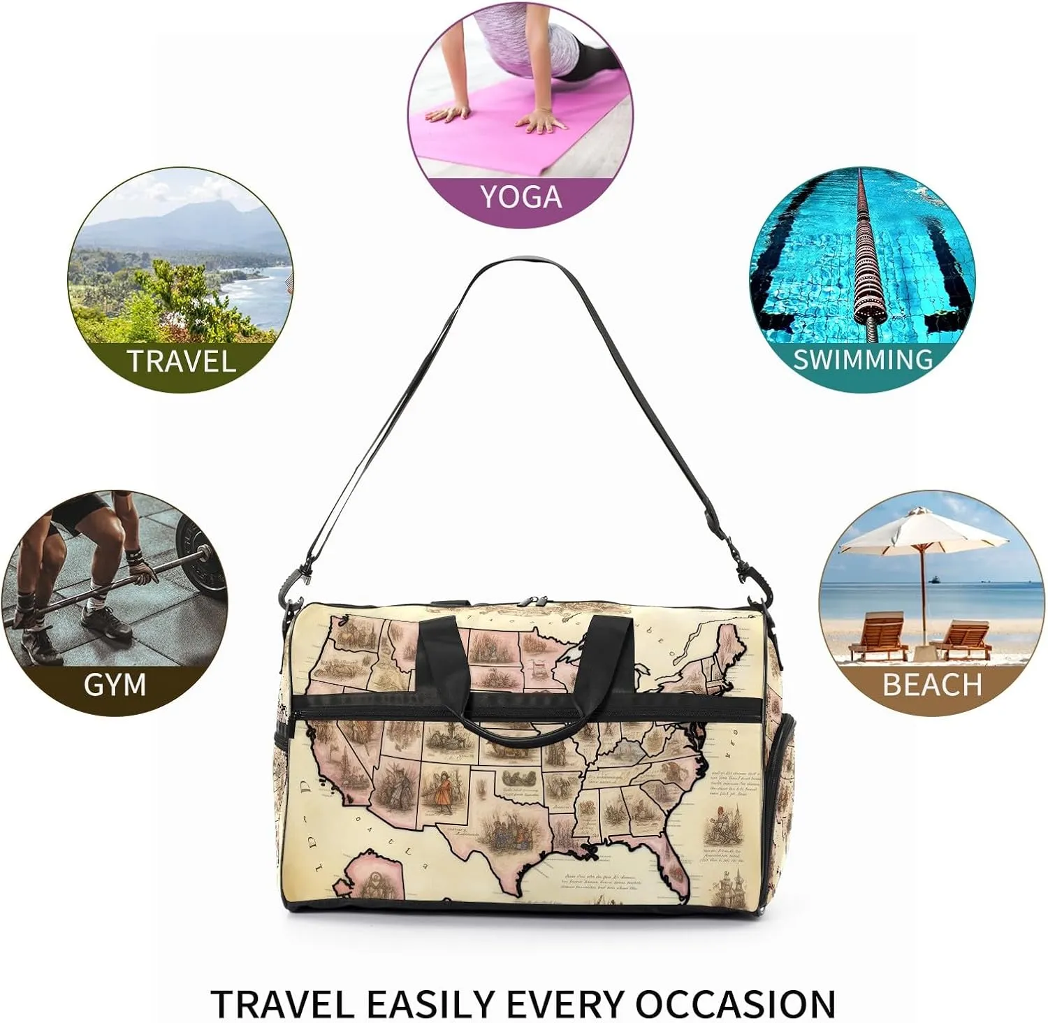 Gym Bag for Women Men, Yoga Bag with Shoe Pocket, Travel Duffel Tote Bag for Plane, Workout, Swimming, Weekend Overnight Bag Carry on Bag Hospital Holdalls, America Map - 32