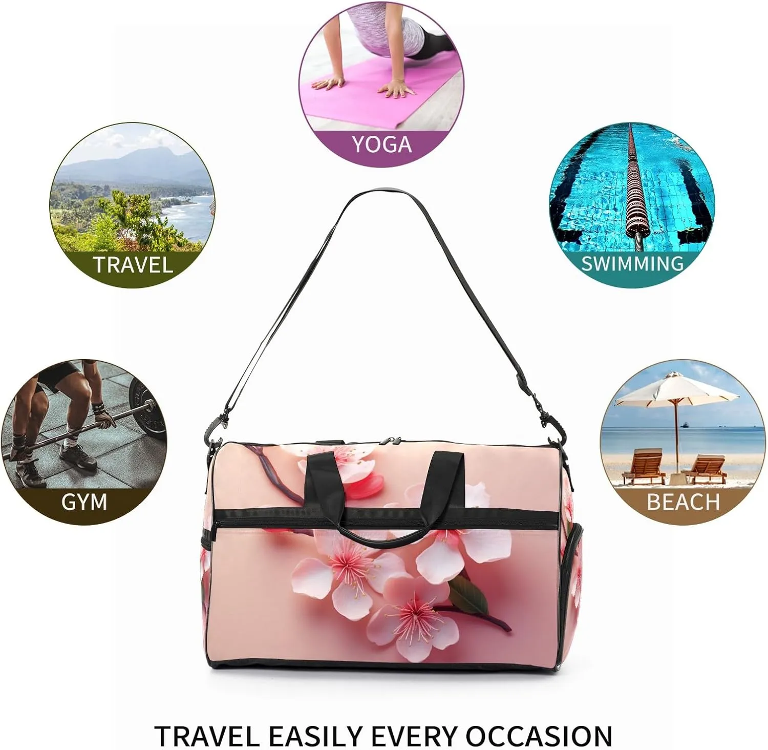 Gym Bag for Women Men, Yoga Bag with Shoe Pocket, Travel Duffel Tote Bag for Plane, Workout, Swimming, Weekend Overnight Bag Carry on Bag Hospital Holdalls, Gold Rose Peach Blossom - 2