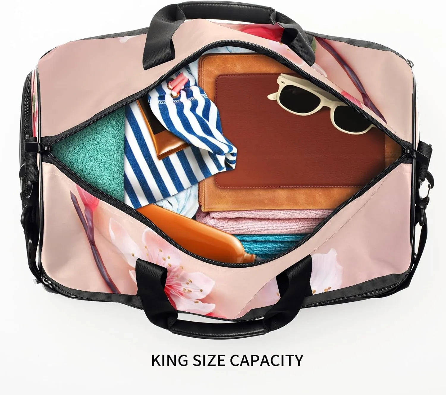 Gym Bag for Women Men, Yoga Bag with Shoe Pocket, Travel Duffel Tote Bag for Plane, Workout, Swimming, Weekend Overnight Bag Carry on Bag Hospital Holdalls, Gold Rose Peach Blossom - 2