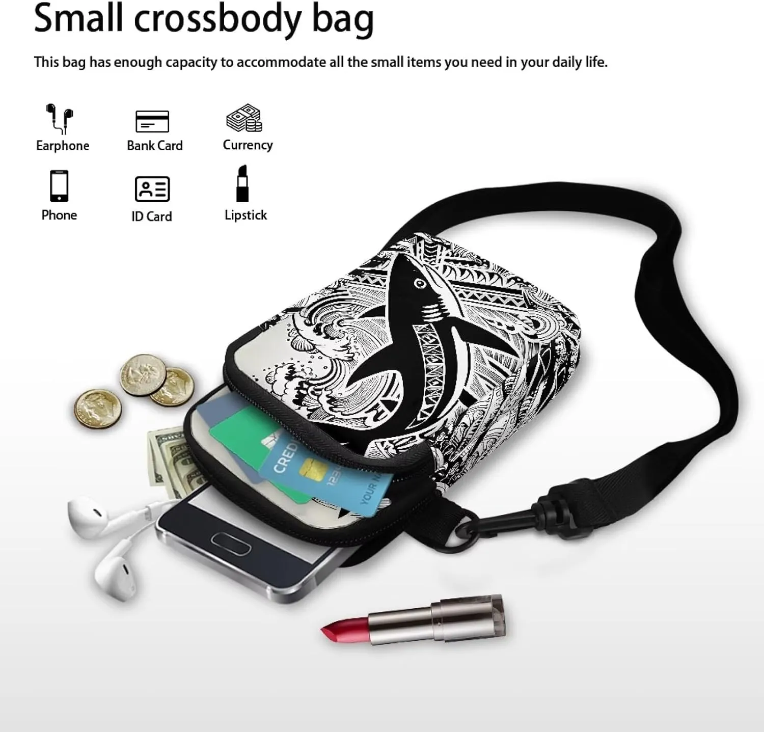 Hawaiian Tribal Small Crossbody Bags for Women Cell Phone Bag Purse, Sea Turtle Zipper Sling Purses Shoulder Bag