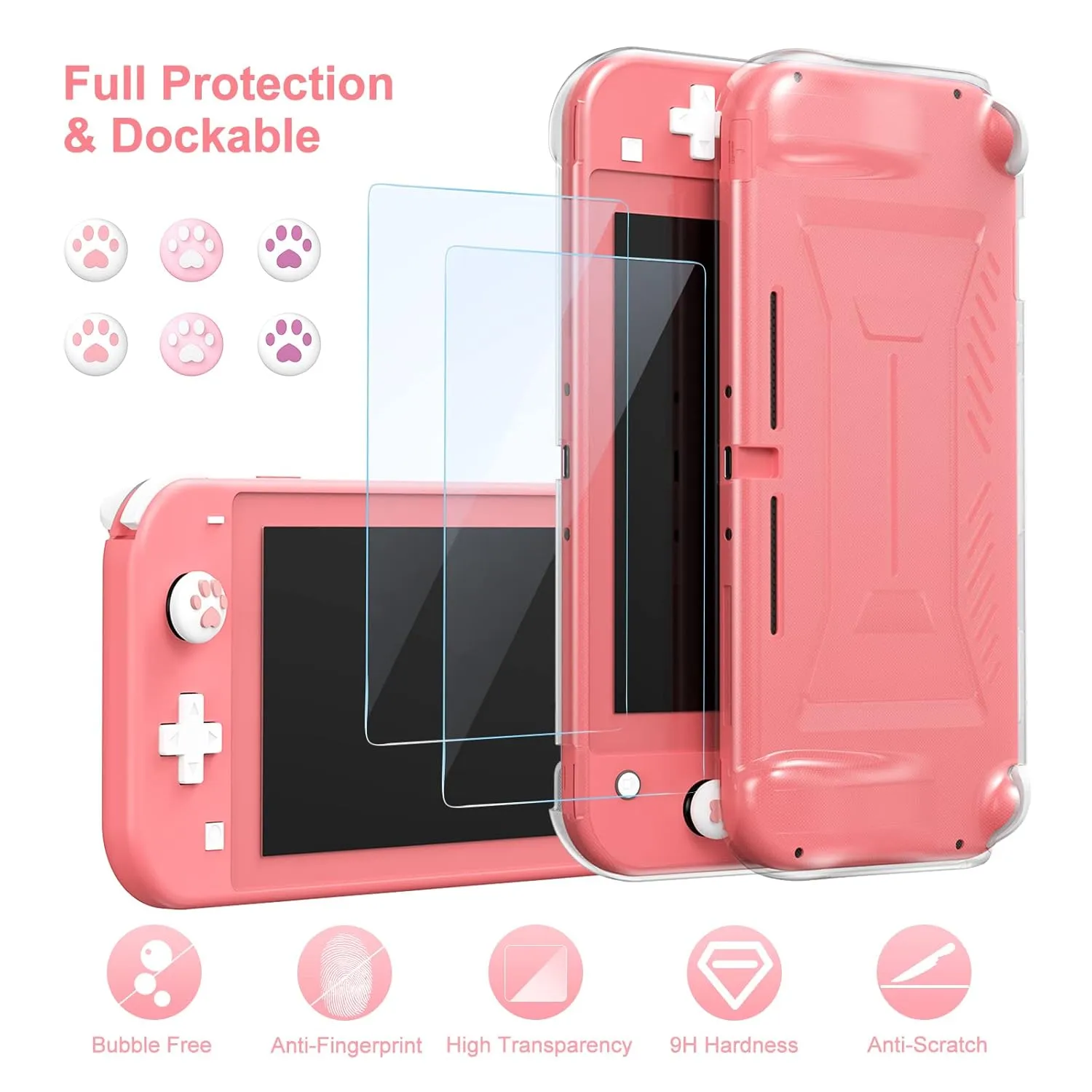innoAura Switch Lite Case 18-in-1 Accessories Bundle with Protective Carrying Case, Game Holder, Screen Protector & Cute Thumb Grips (Coral)