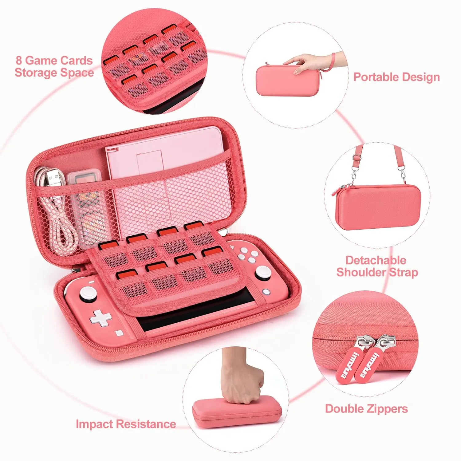 innoAura Switch Lite Case 18-in-1 Accessories Bundle with Protective Carrying Case, Game Holder, Screen Protector & Cute Thumb Grips (Coral)