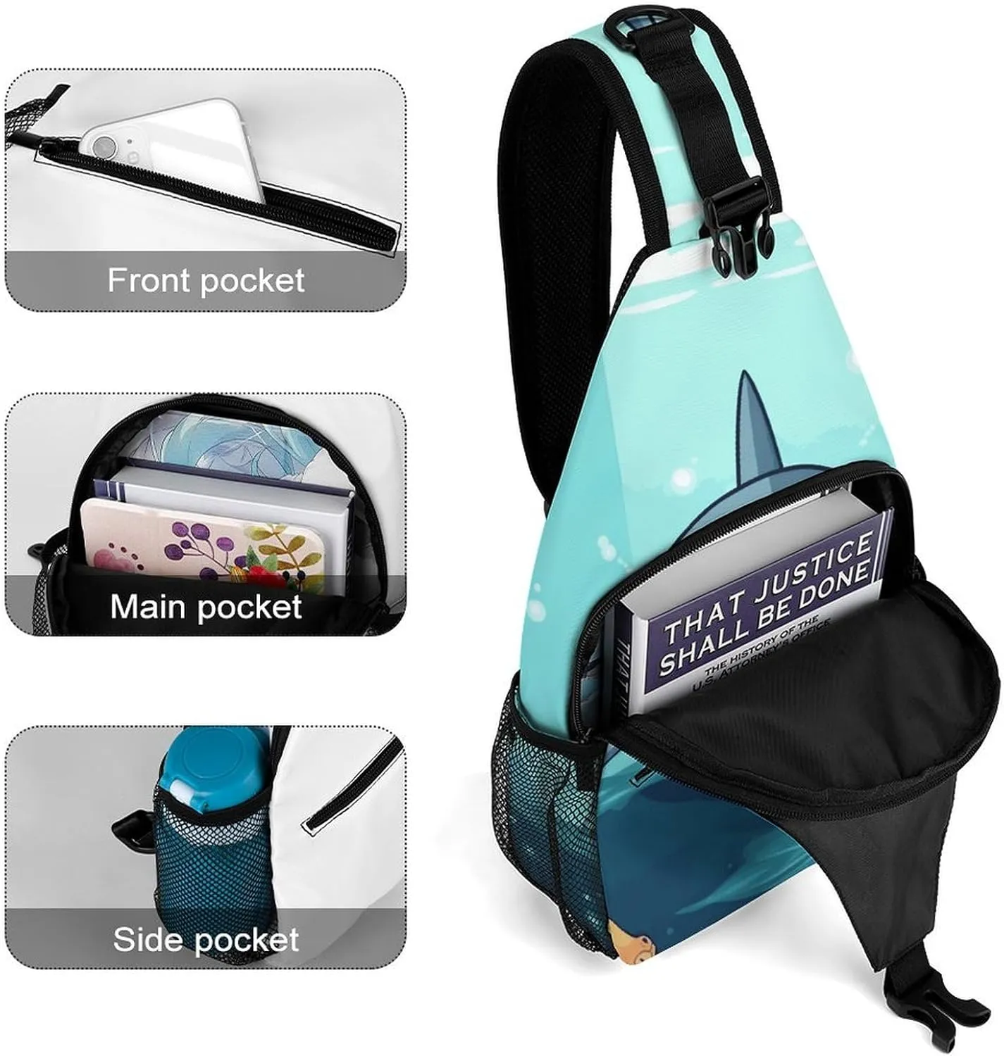 Lightweight Chest Bag Crossbody Bag Cartoon Shark Floating in Water Sling Backpack for Women Men Sports Travel