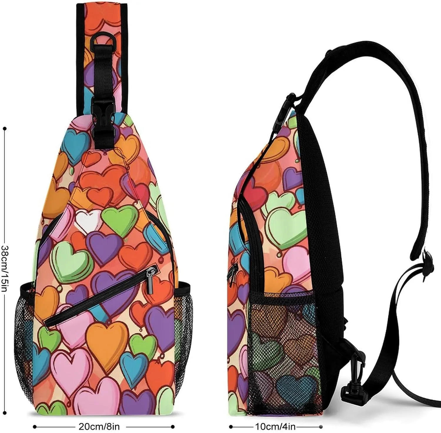 Lightweight Chest Bag Crossbody Bag Colorful Heart Pattern Sling Backpack for Women Men Sports Travel