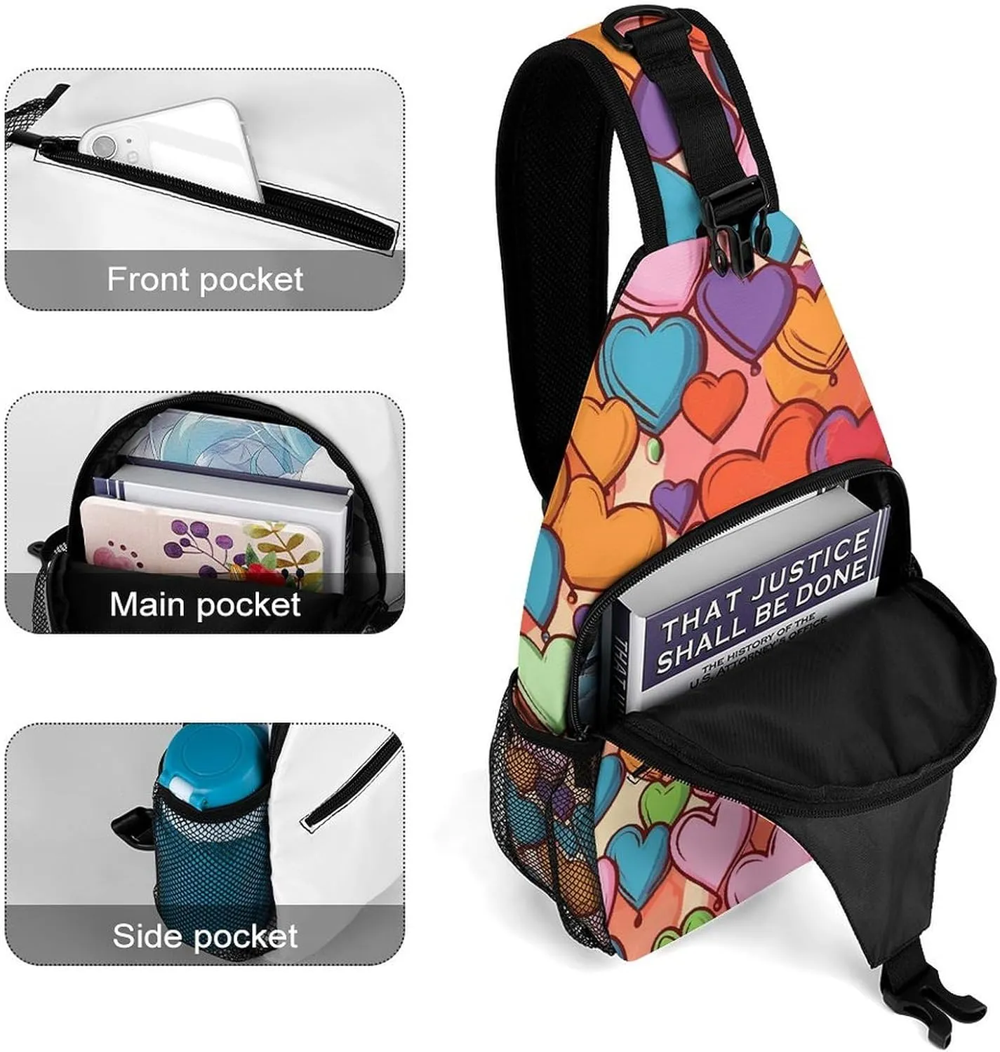 Lightweight Chest Bag Crossbody Bag Colorful Heart Pattern Sling Backpack for Women Men Sports Travel