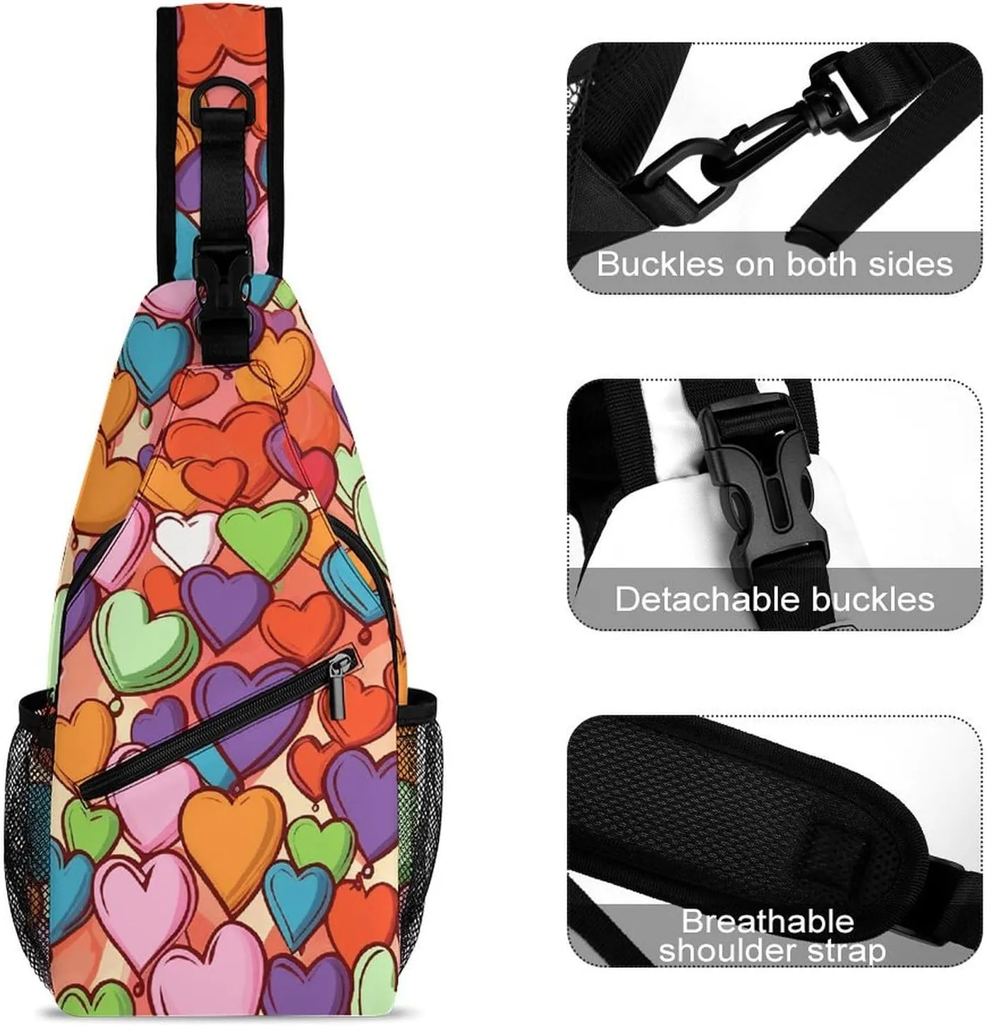Lightweight Chest Bag Crossbody Bag Colorful Heart Pattern Sling Backpack for Women Men Sports Travel