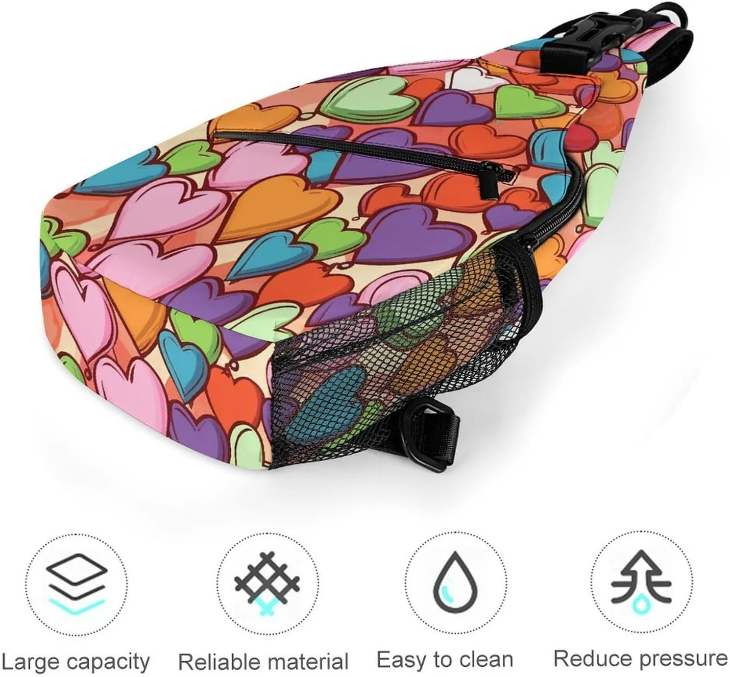 Lightweight Chest Bag Crossbody Bag Colorful Heart Pattern Sling Backpack for Women Men Sports Travel