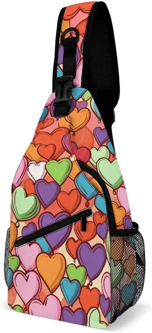 Lightweight Chest Bag Crossbody Bag Colorful Heart Pattern Sling Backpack for Women Men Sports Travel