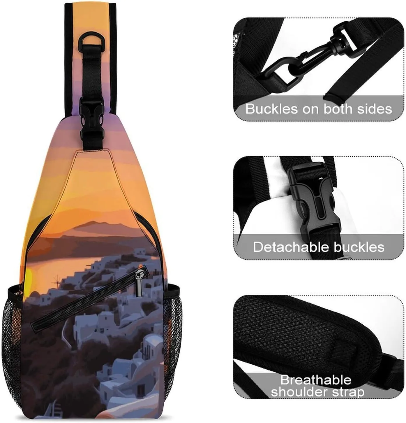 Lightweight Chest Bag Crossbody Bag Greece Island Sunset Landscape Sling Backpack for Women Men Sports Travel