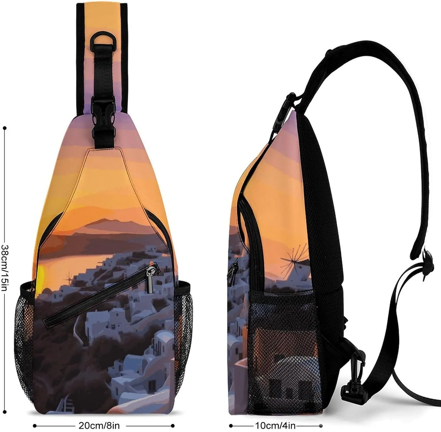 Lightweight Chest Bag Crossbody Bag Greece Island Sunset Landscape Sling Backpack for Women Men Sports Travel