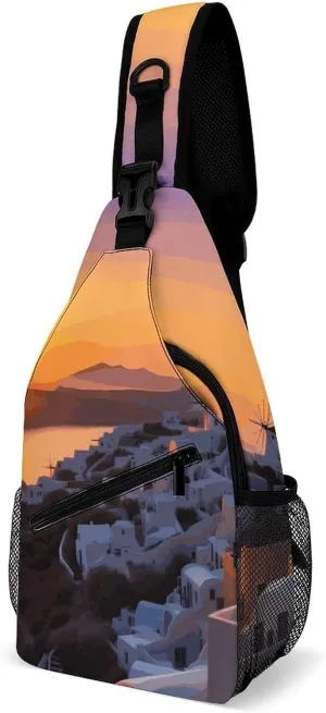 Lightweight Chest Bag Crossbody Bag Greece Island Sunset Landscape Sling Backpack for Women Men Sports Travel