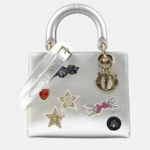 Metallic Silver Leather Medium Lady Tote Bag