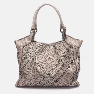 Metallic Taupe Laser Cut Leather and Coated Canvas Tote